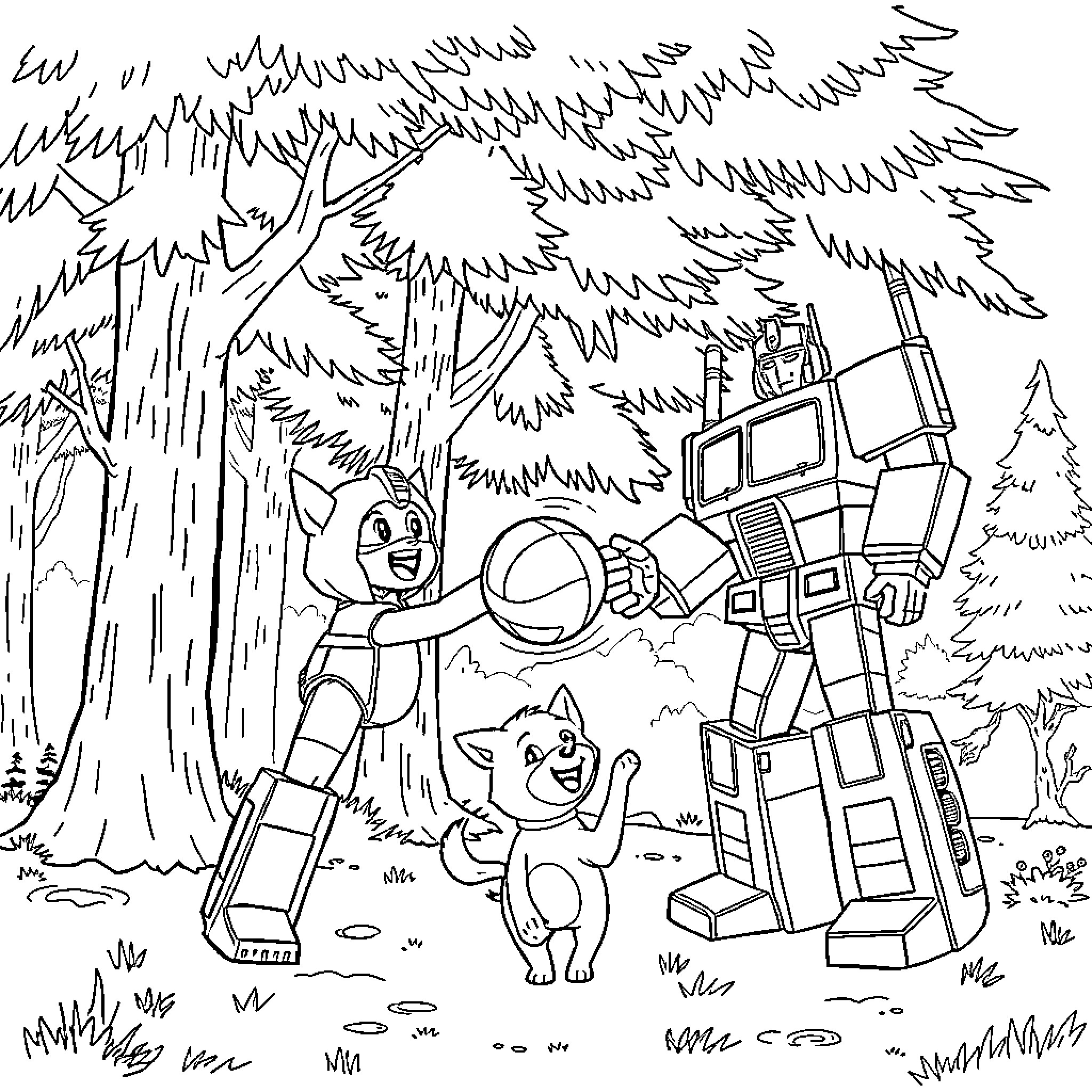 Bluey and Friends Explore the Enchanted Forest Coloring Page (free black-and-white line drawing printable PDF for all, from beginners to advanced learners, including children, teens, adults, and seniors)