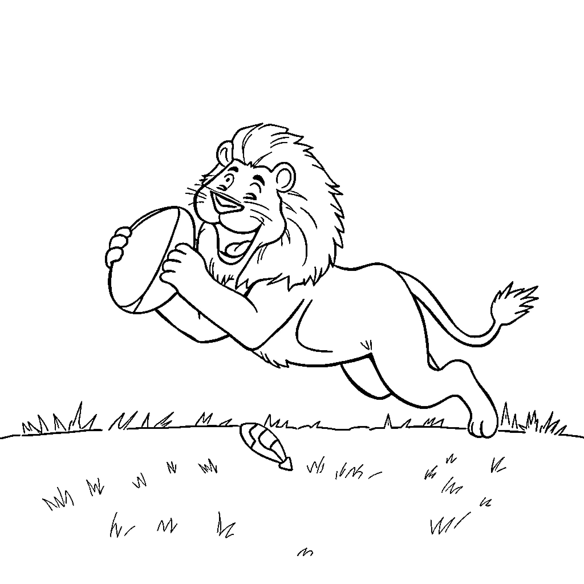 Lion joyfully roaring in grassy field Coloring Page (free black-and-white line drawing printable PDF for all, from beginners to advanced learners, including children, teens, adults, and seniors)