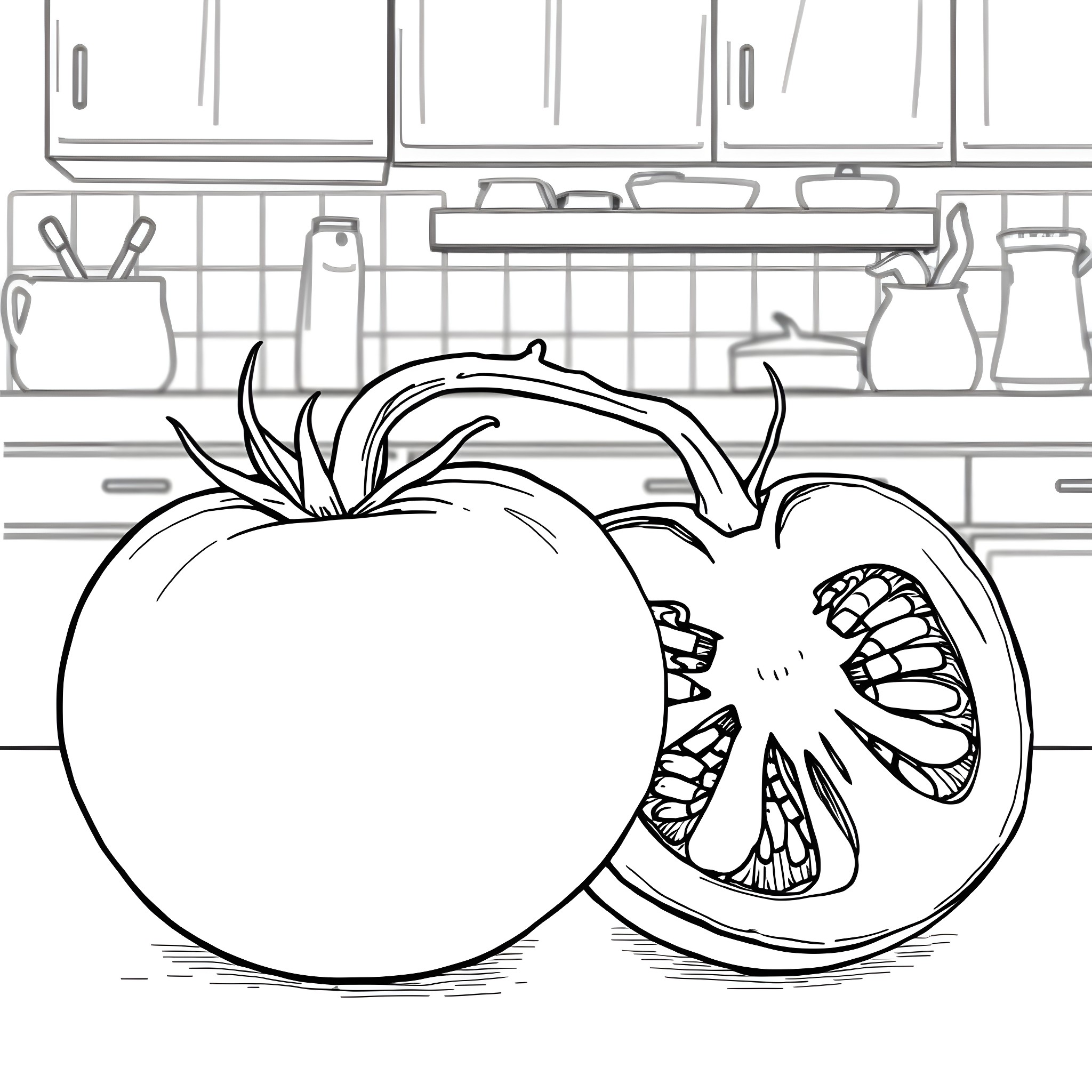 Tomato Delicacy in the Kitchen Coloring Page (free black-and-white line drawing printable PDF for all, from beginners to advanced learners, including children, teens, adults, and seniors)