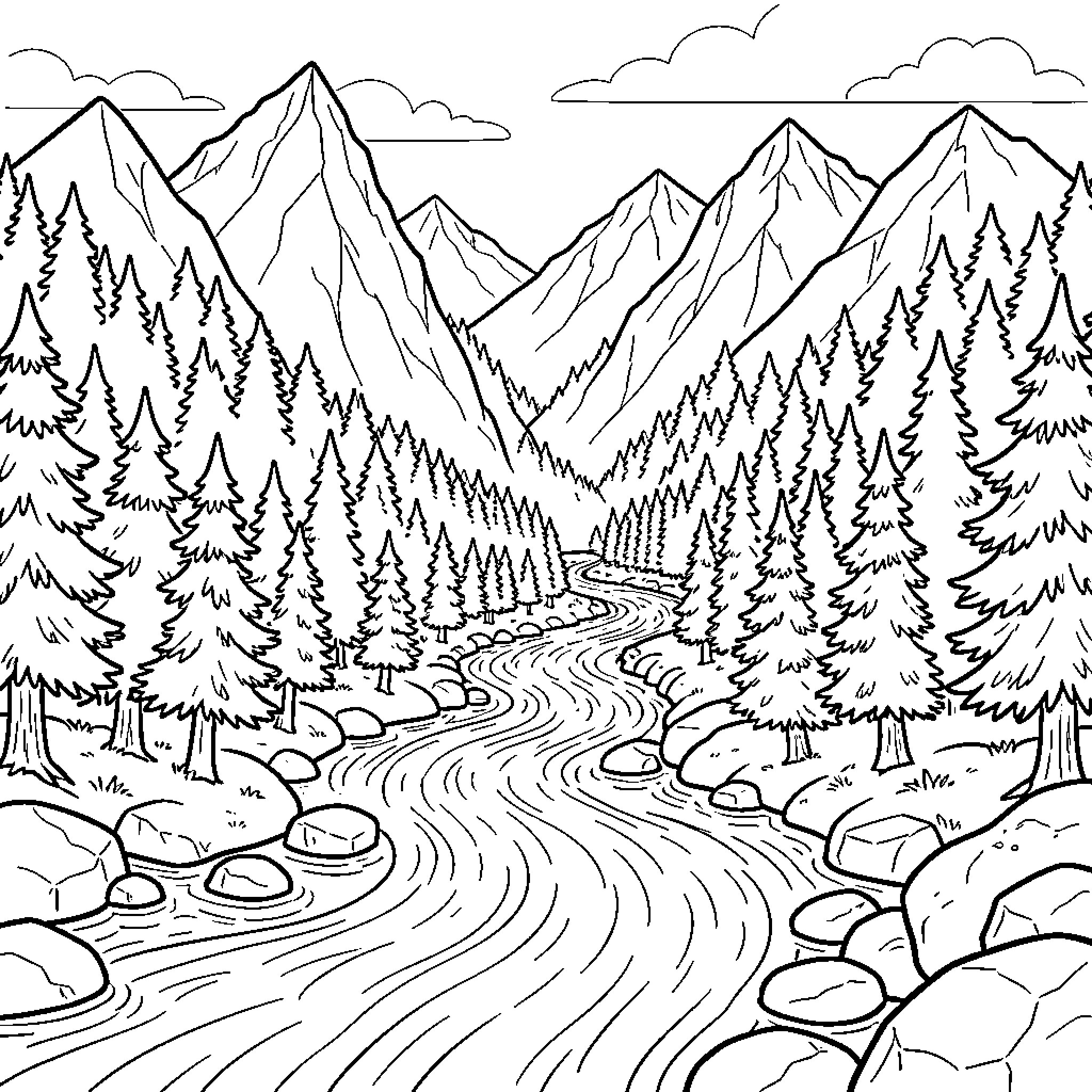 Mountain Landscape with Winding River and Trees Coloring Page (free black-and-white line drawing printable PDF for all, from beginners to advanced learners, including children, teens, adults, and seniors)