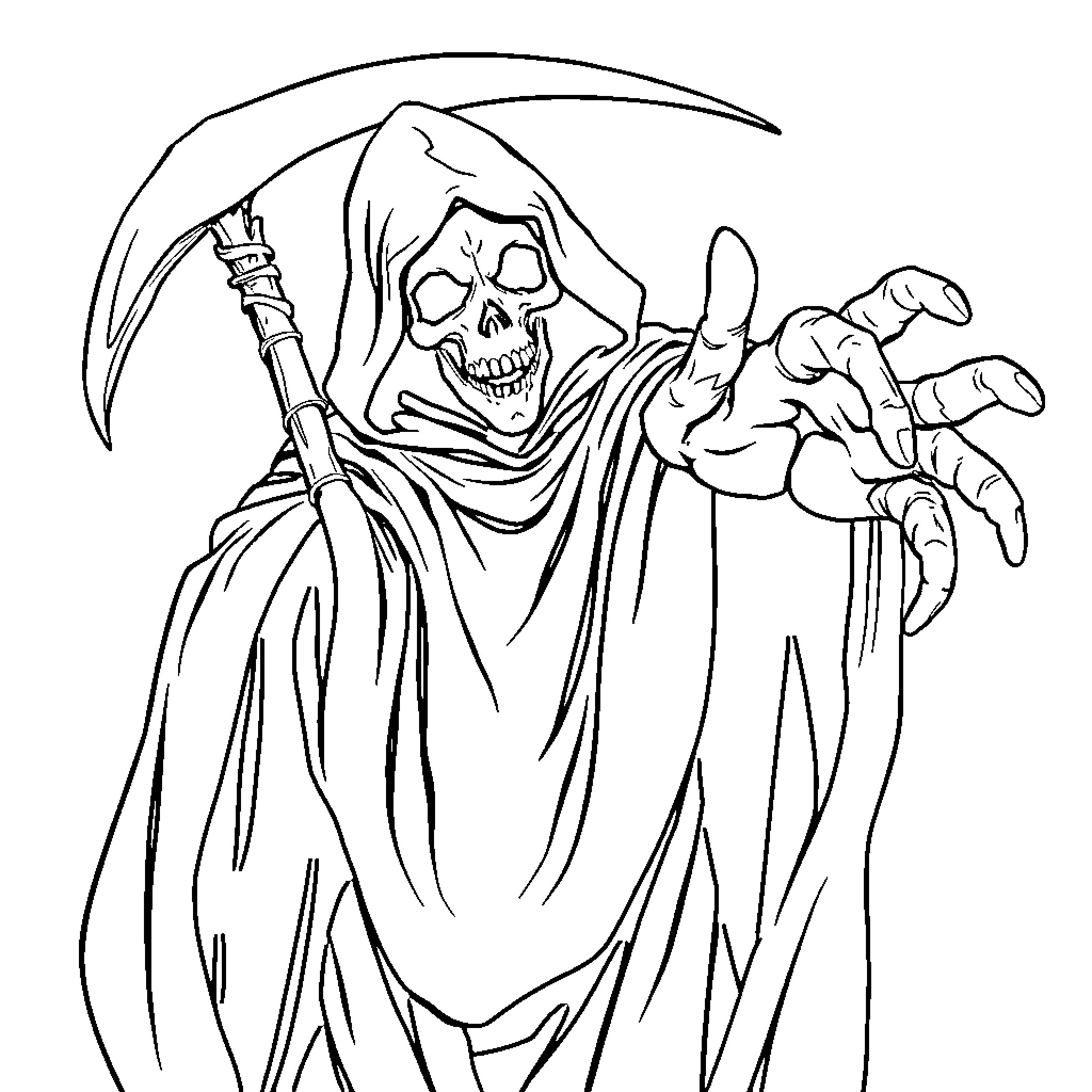 Grim Reaper's Menacing Presence Coloring Page (free black-and-white line drawing printable PDF for all, from beginners to advanced learners, including children, teens, adults, and seniors)