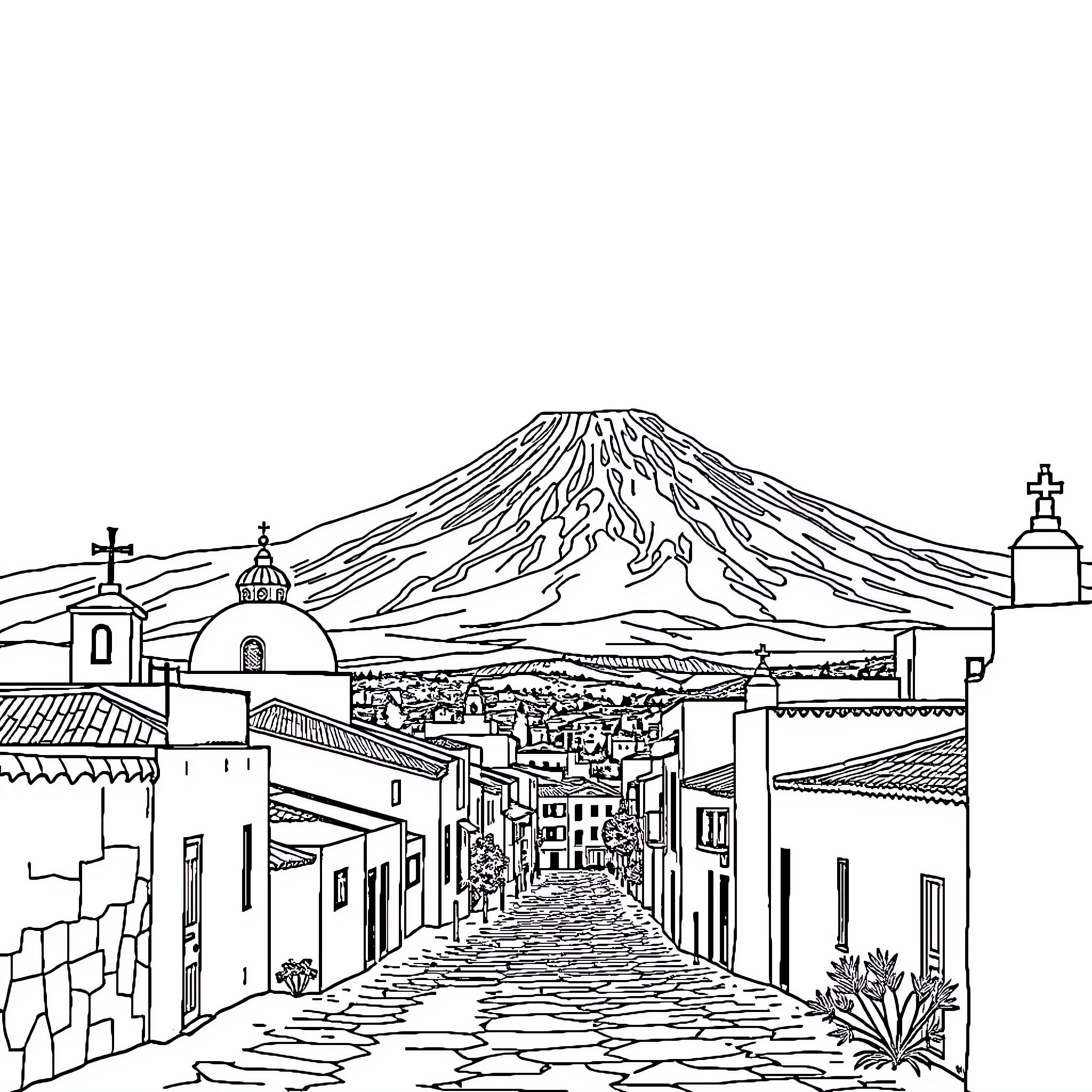 Arequipa: Picturesque Town with Majestic Volcano Backdrop Coloring Page (free black-and-white line drawing printable PDF for all, from beginners to advanced learners, including children, teens, adults, and seniors)