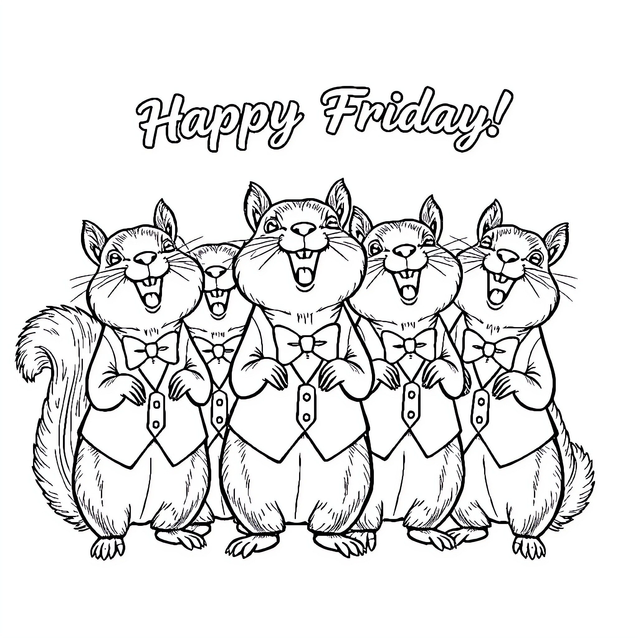 Squirrels celebrating Happy Friday in suits Coloring Page (free black-and-white line drawing printable PDF for all, from beginners to advanced learners, including children, teens, adults, and seniors)