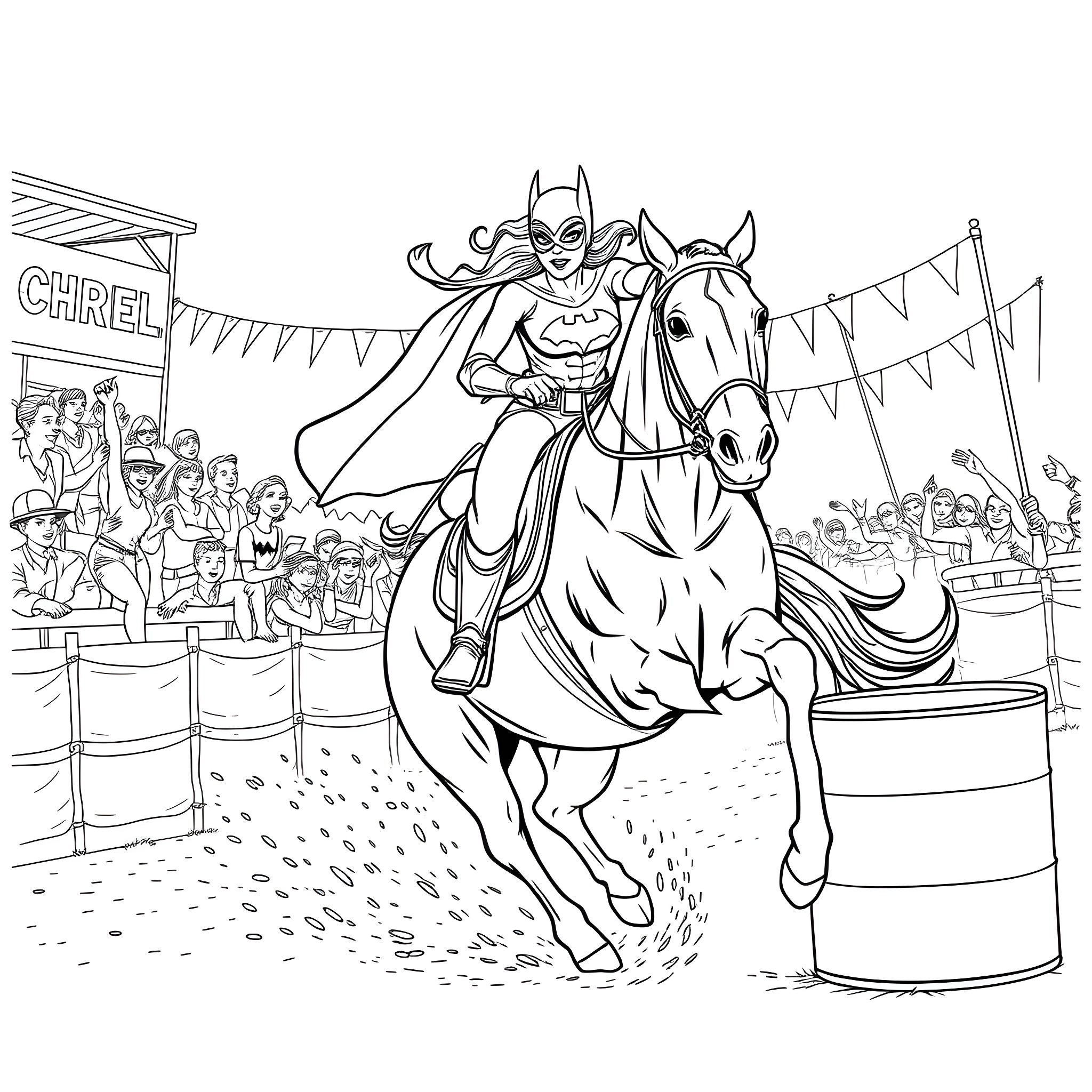 Batgirl's heroic display at the carnival Coloring Page (free black-and-white line drawing printable PDF for all, from beginners to advanced learners, including children, teens, adults, and seniors)
