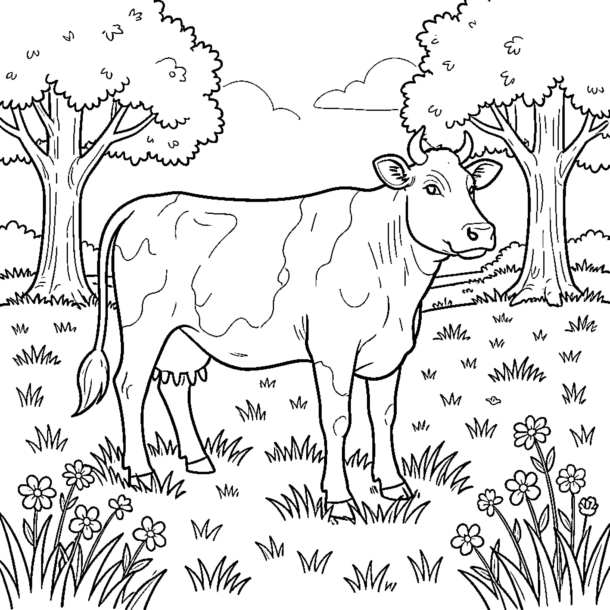 Vaca standing calmly in a flowery meadow Coloring Page (free black-and-white line drawing printable PDF for all, from beginners to advanced learners, including children, teens, adults, and seniors)