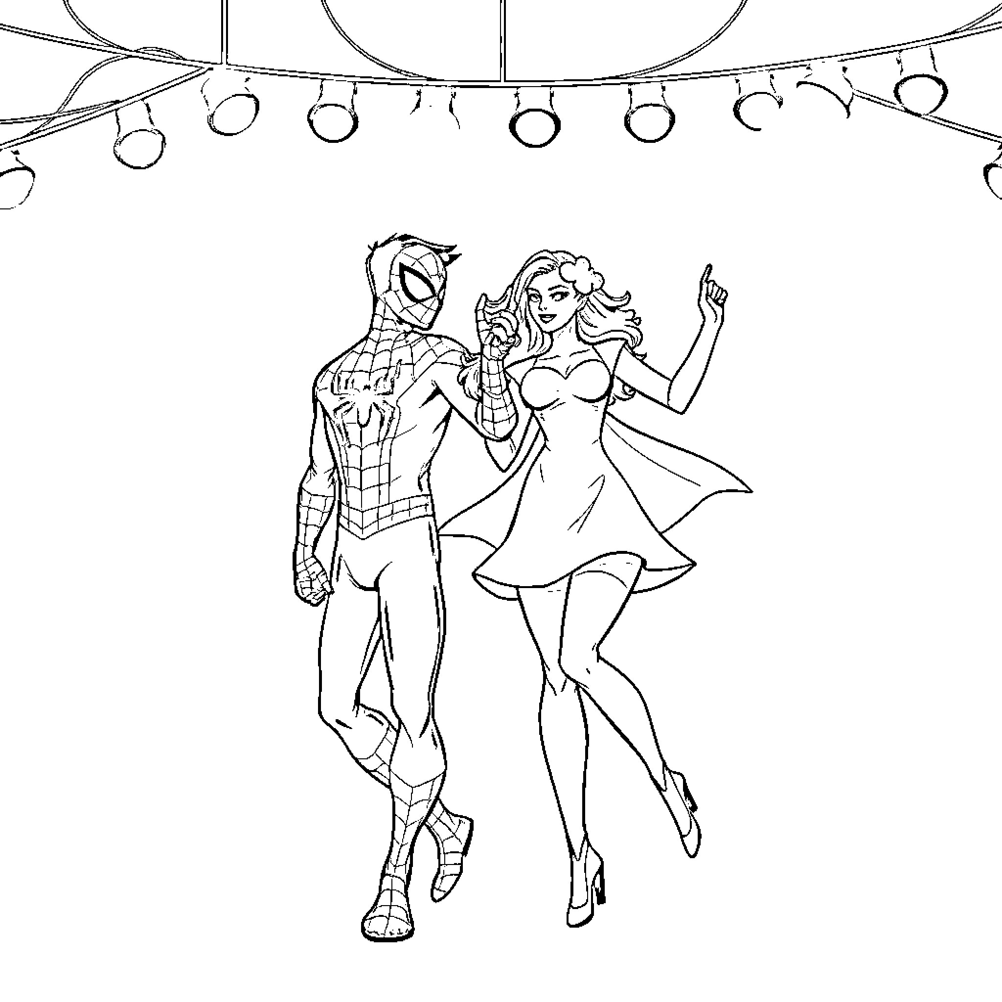 Mega Mindy Dances with Spider-Man under Lights Coloring Page (free black-and-white line drawing printable PDF for all, from beginners to advanced learners, including children, teens, adults, and seniors)