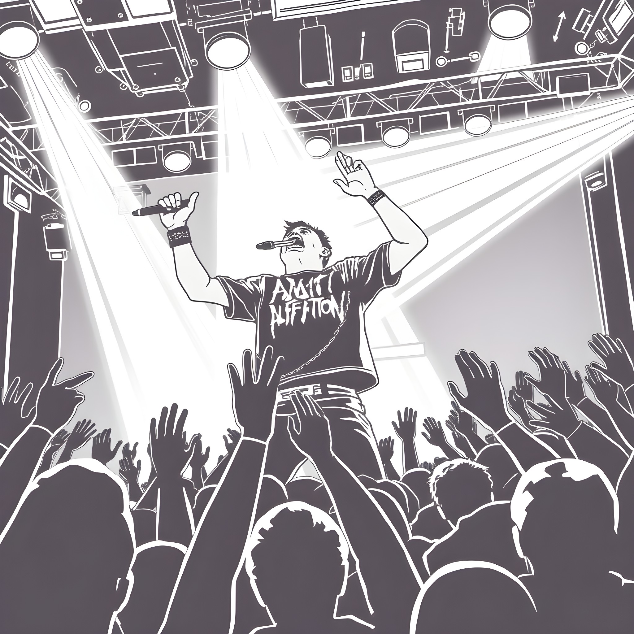 Amity Affliction: Musician Performing on Stage with Crowd Coloring Page (free black-and-white line drawing printable PDF for all, from beginners to advanced learners, including children, teens, adults, and seniors)