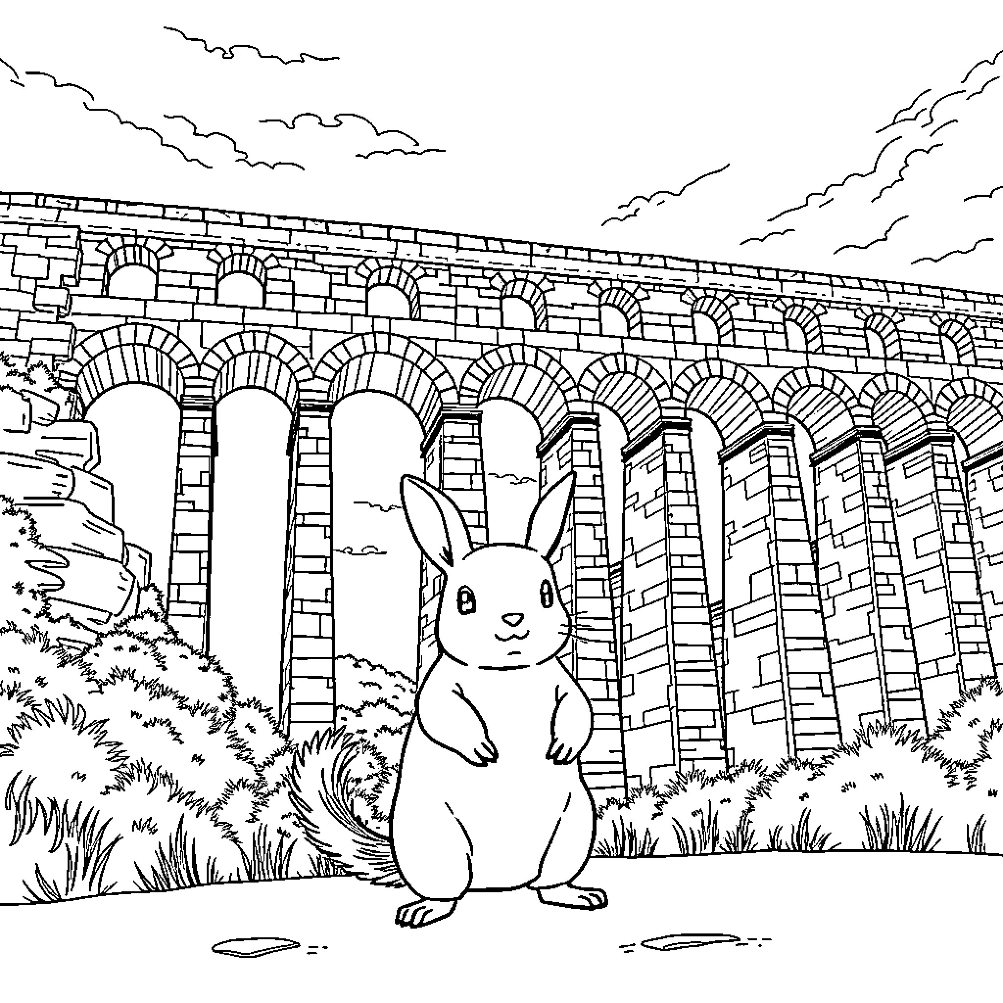 Aqueduct with a rabbit in the foreground Coloring Page (free black-and-white line drawing printable PDF for all, from beginners to advanced learners, including children, teens, adults, and seniors)