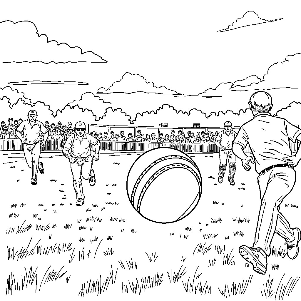 Cricket match on a sunny day with players in action Coloring Page (free black-and-white line drawing printable PDF for all, from beginners to advanced learners, including children, teens, adults, and seniors)