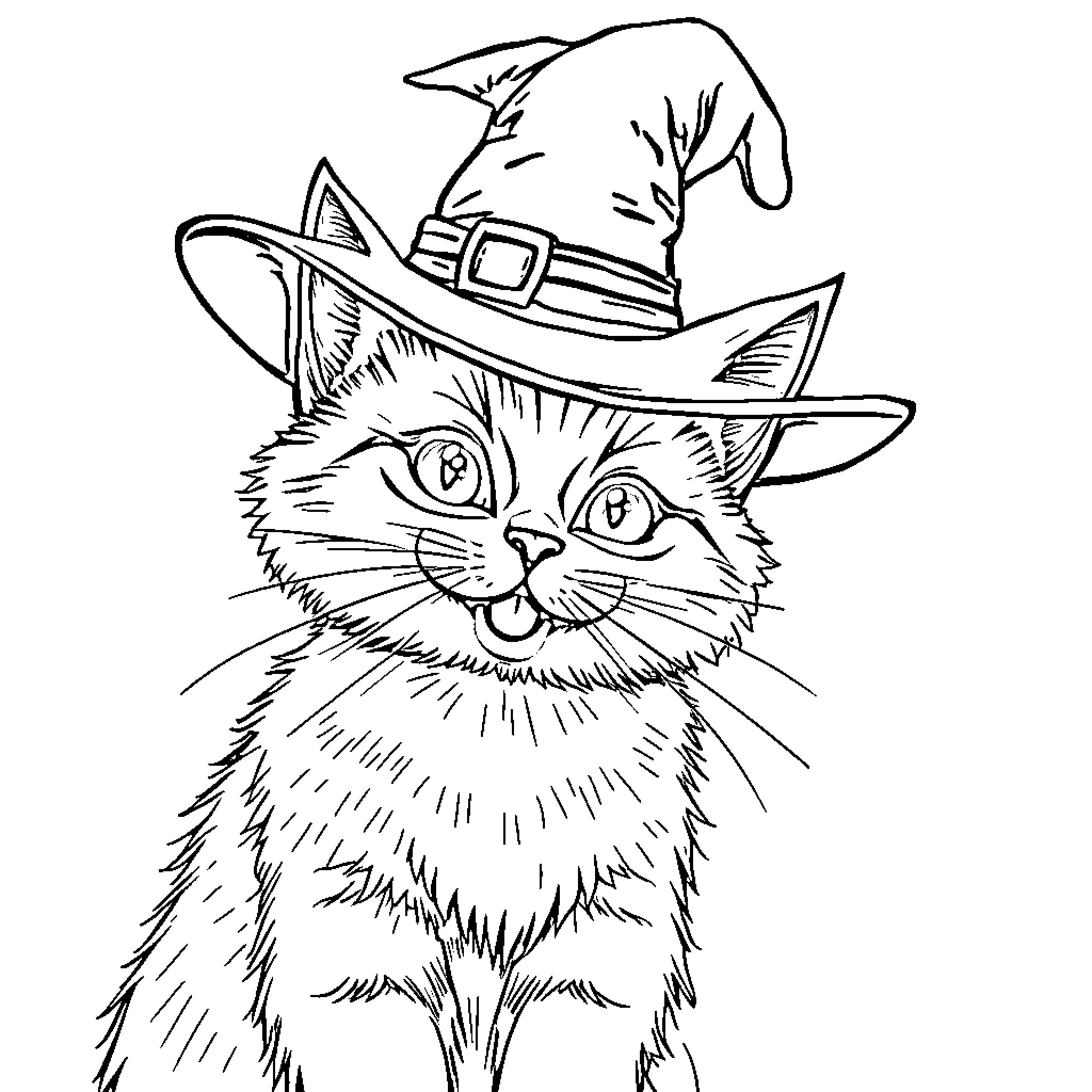 Cat in a Witch's Hat Coloring Page (free black-and-white line drawing printable PDF for all, from beginners to advanced learners, including children, teens, adults, and seniors)