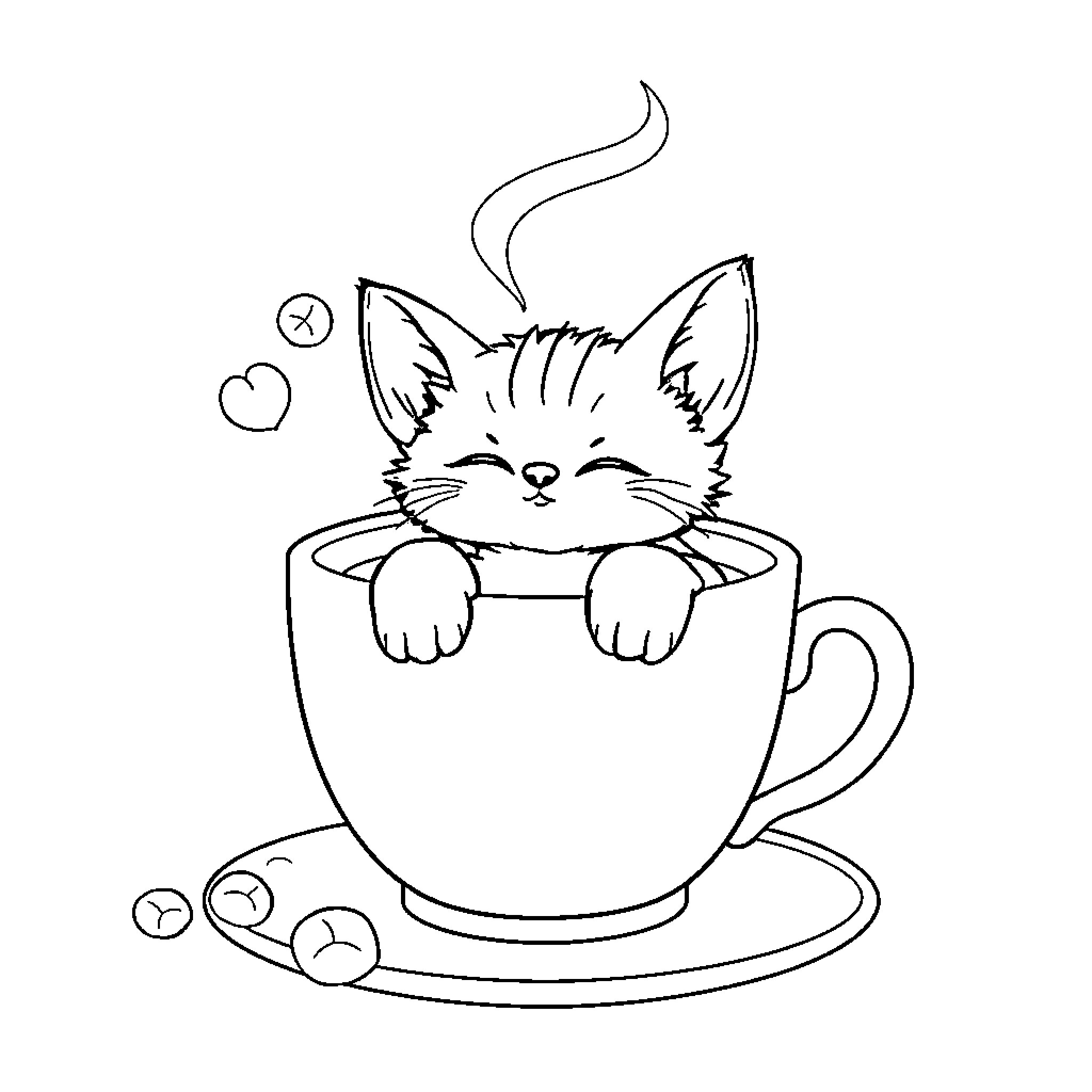 Cat relaxing in a cozy cup Coloring Page (free black-and-white line drawing printable PDF for all, from beginners to advanced learners, including children, teens, adults, and seniors)