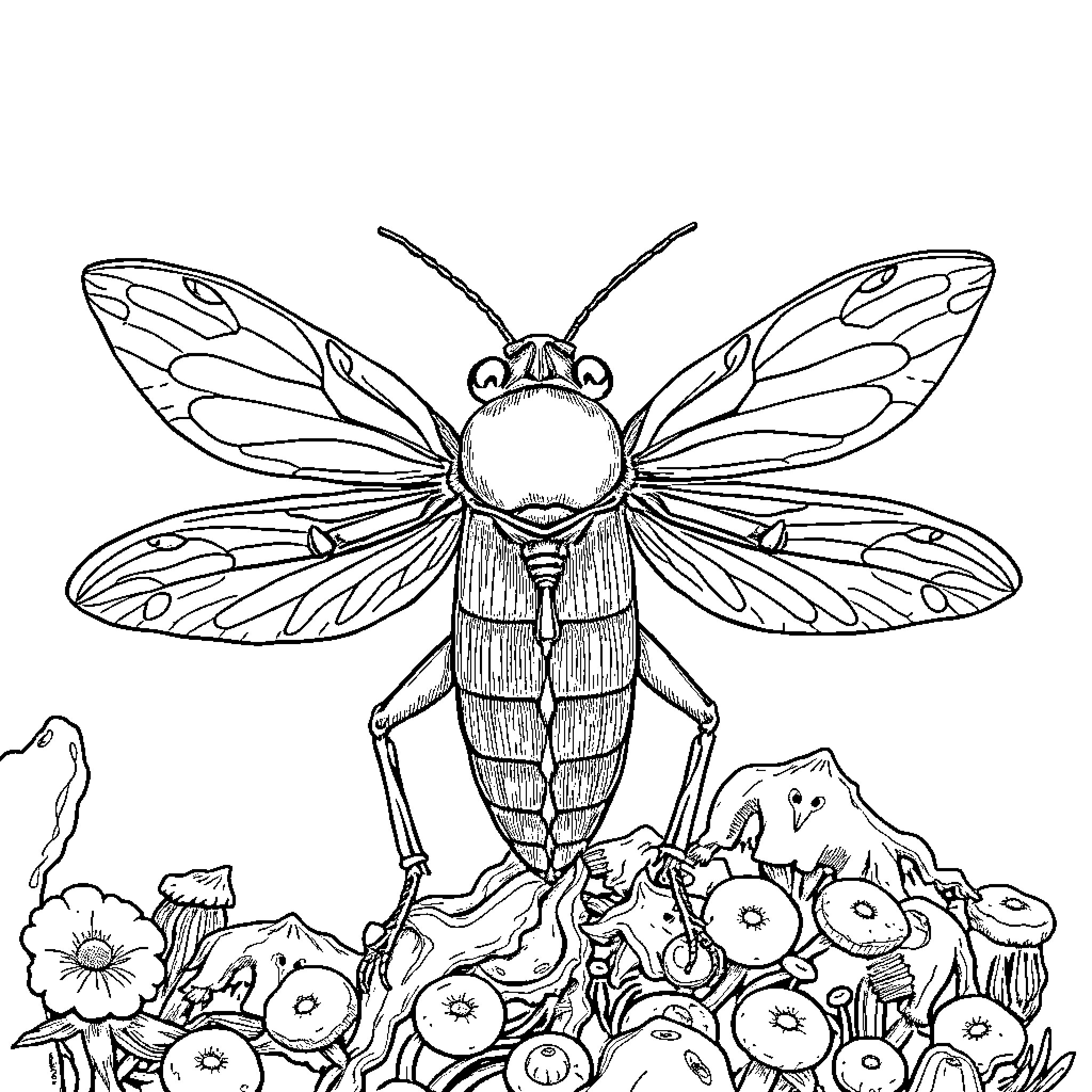 Cicada resting among vibrant wildflowers Coloring Page (free black-and-white line drawing printable PDF for all, from beginners to advanced learners, including children, teens, adults, and seniors)