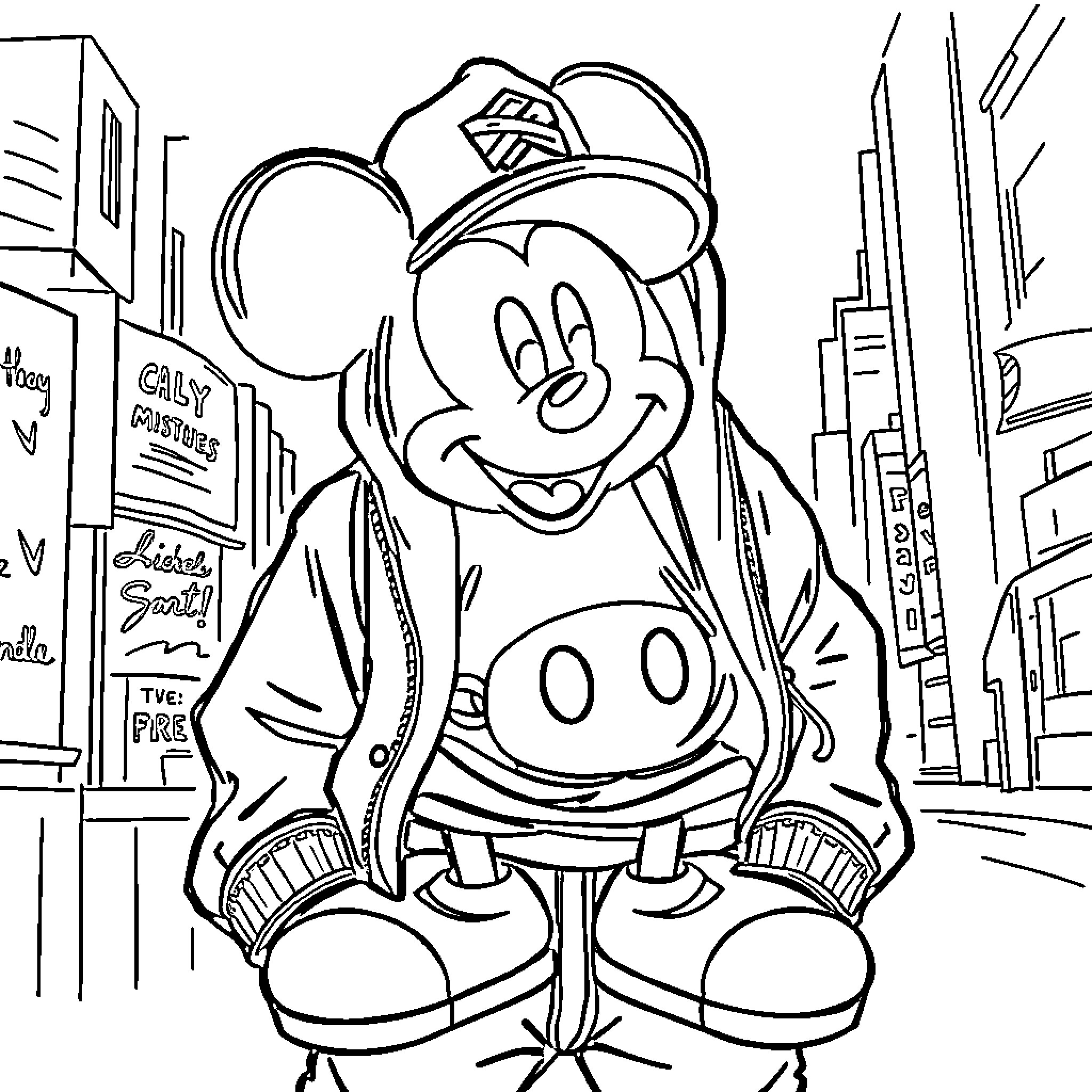 Mickey Mouse in the city wearing a police uniform Coloring Page (free black-and-white line drawing printable PDF for all, from beginners to advanced learners, including children, teens, adults, and seniors)