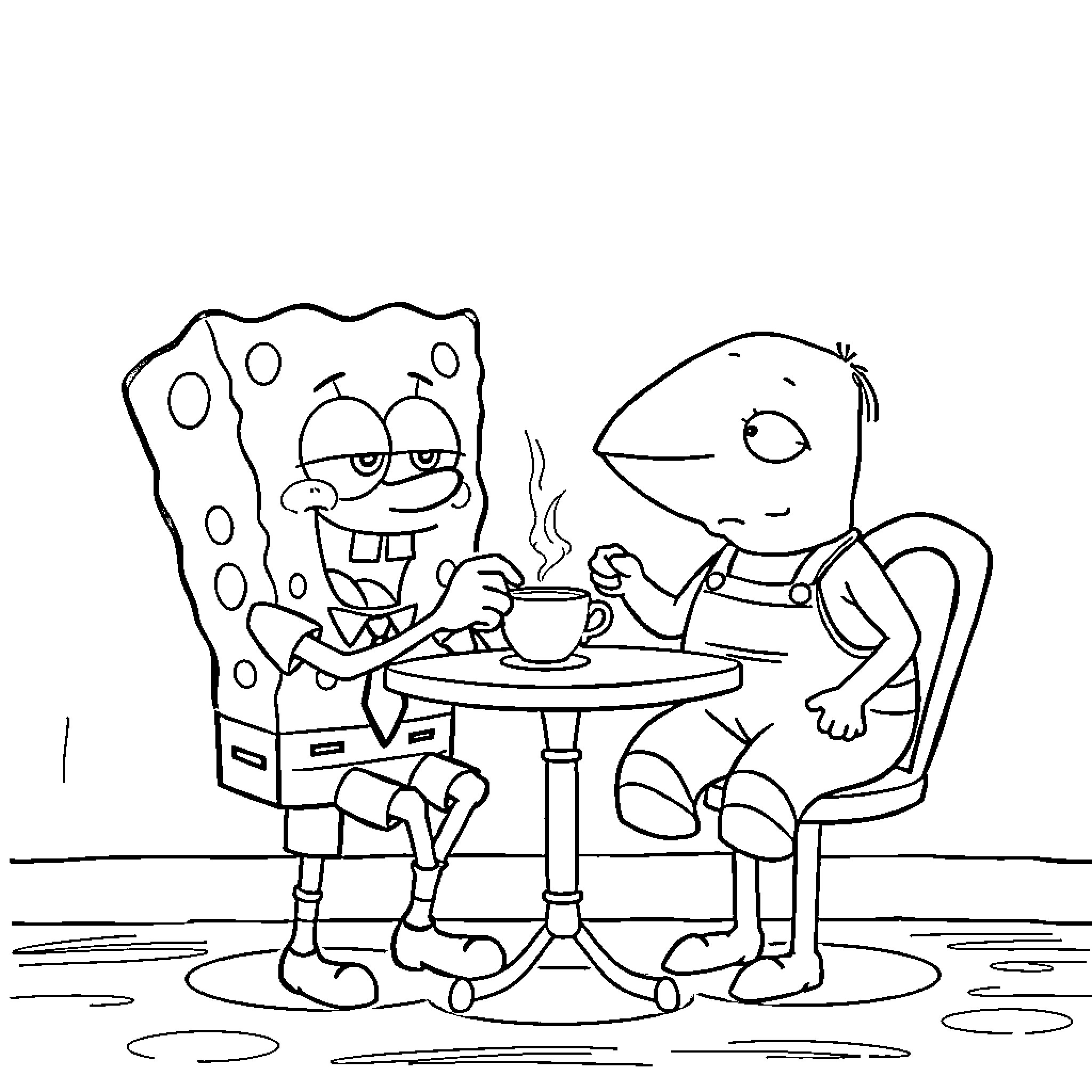 Spongebob and Patrick enjoy a cup of coffee Coloring Page (free black-and-white line drawing printable PDF for all, from beginners to advanced learners, including children, teens, adults, and seniors)