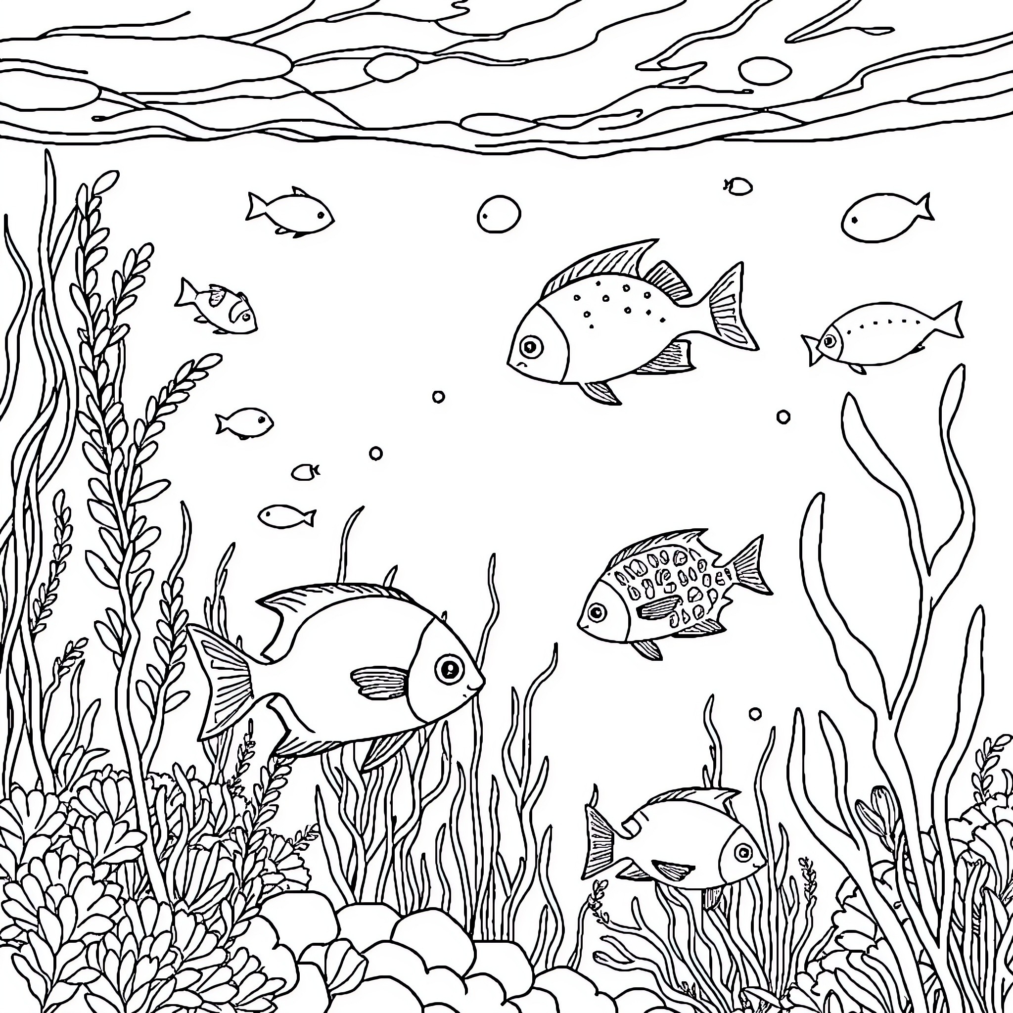 Ocean Underwater Scene with Fish and Coral Coloring Page (free black-and-white line drawing printable PDF for all, from beginners to advanced learners, including children, teens, adults, and seniors)