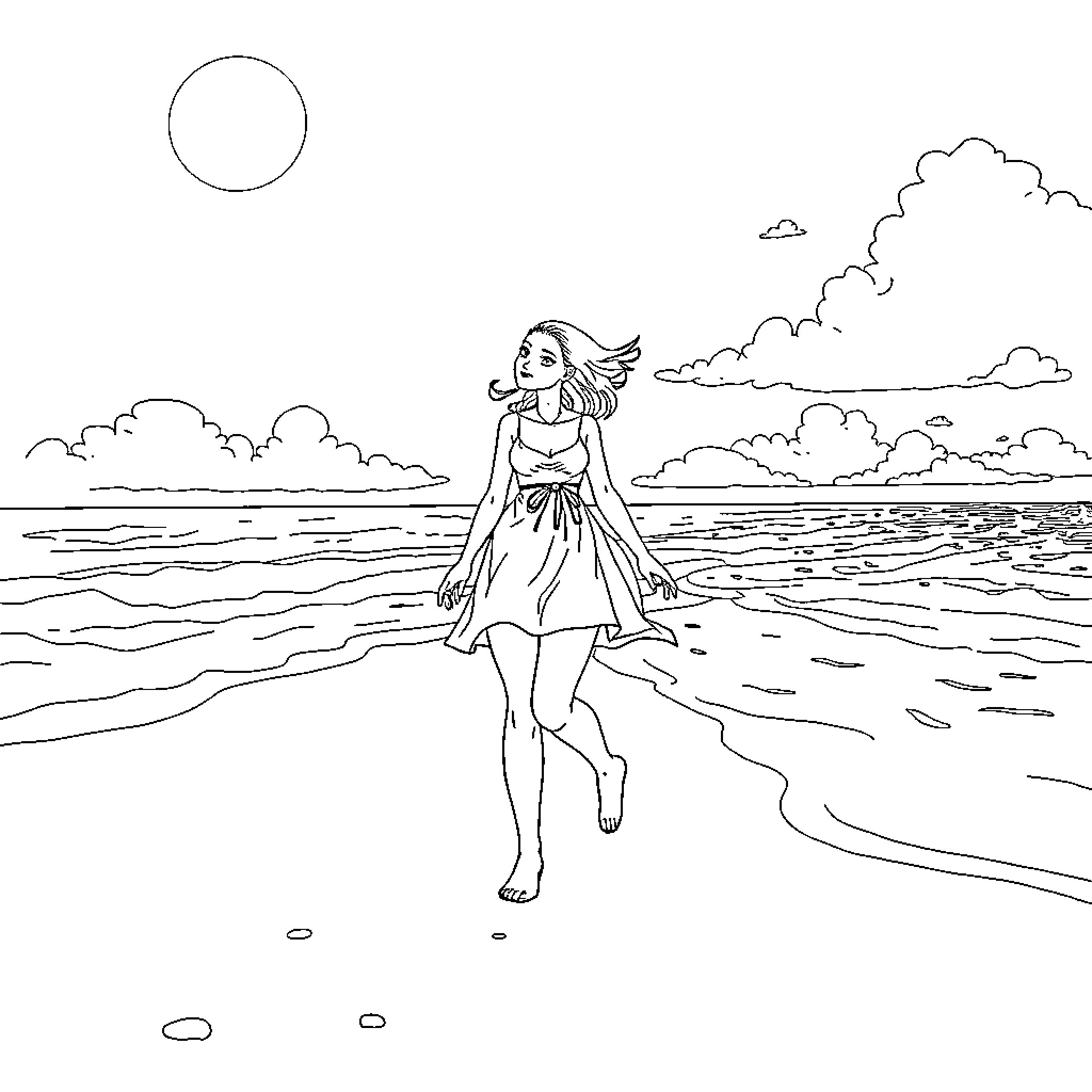 Elza walking joyfully along the beach Coloring Page (free black-and-white line drawing printable PDF for all, from beginners to advanced learners, including children, teens, adults, and seniors)