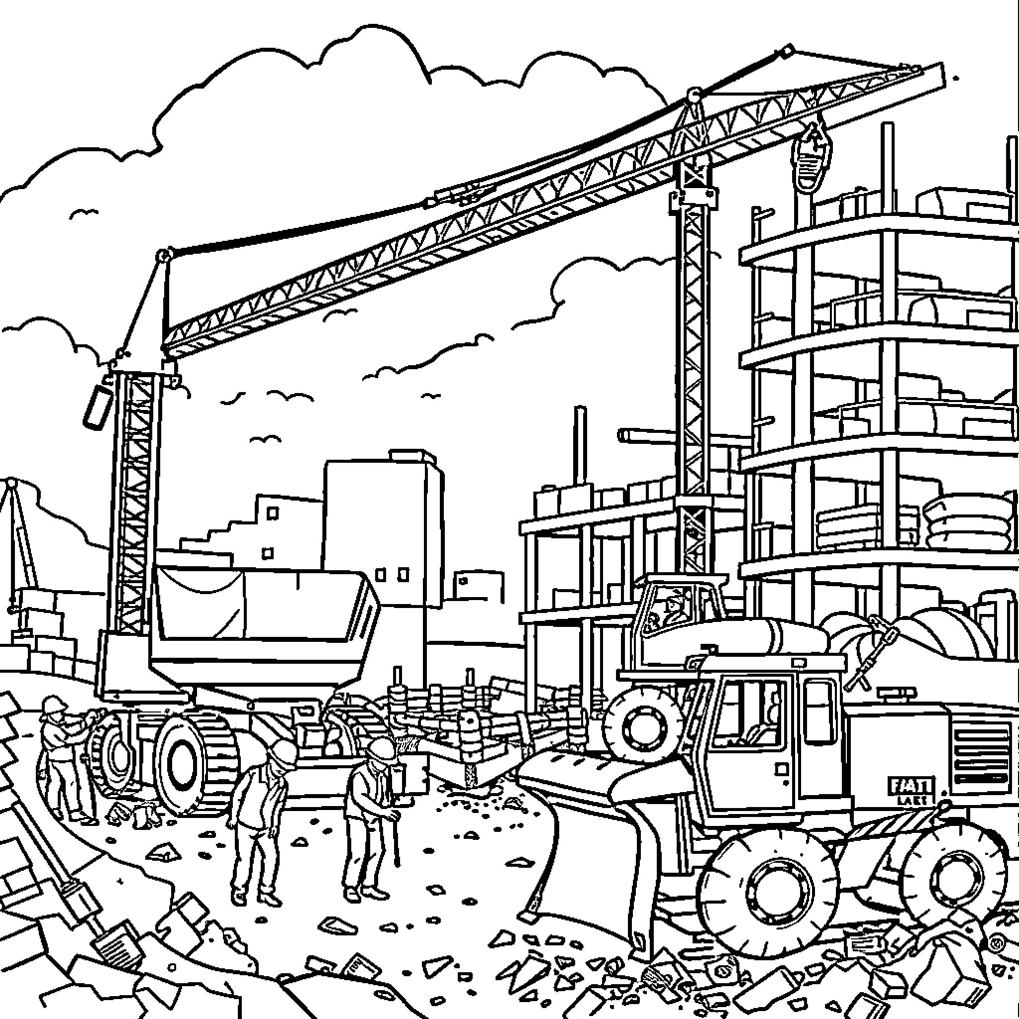 Construction site with crane and machinery Coloring Page (free black-and-white line drawing printable PDF for all, from beginners to advanced learners, including children, teens, adults, and seniors)