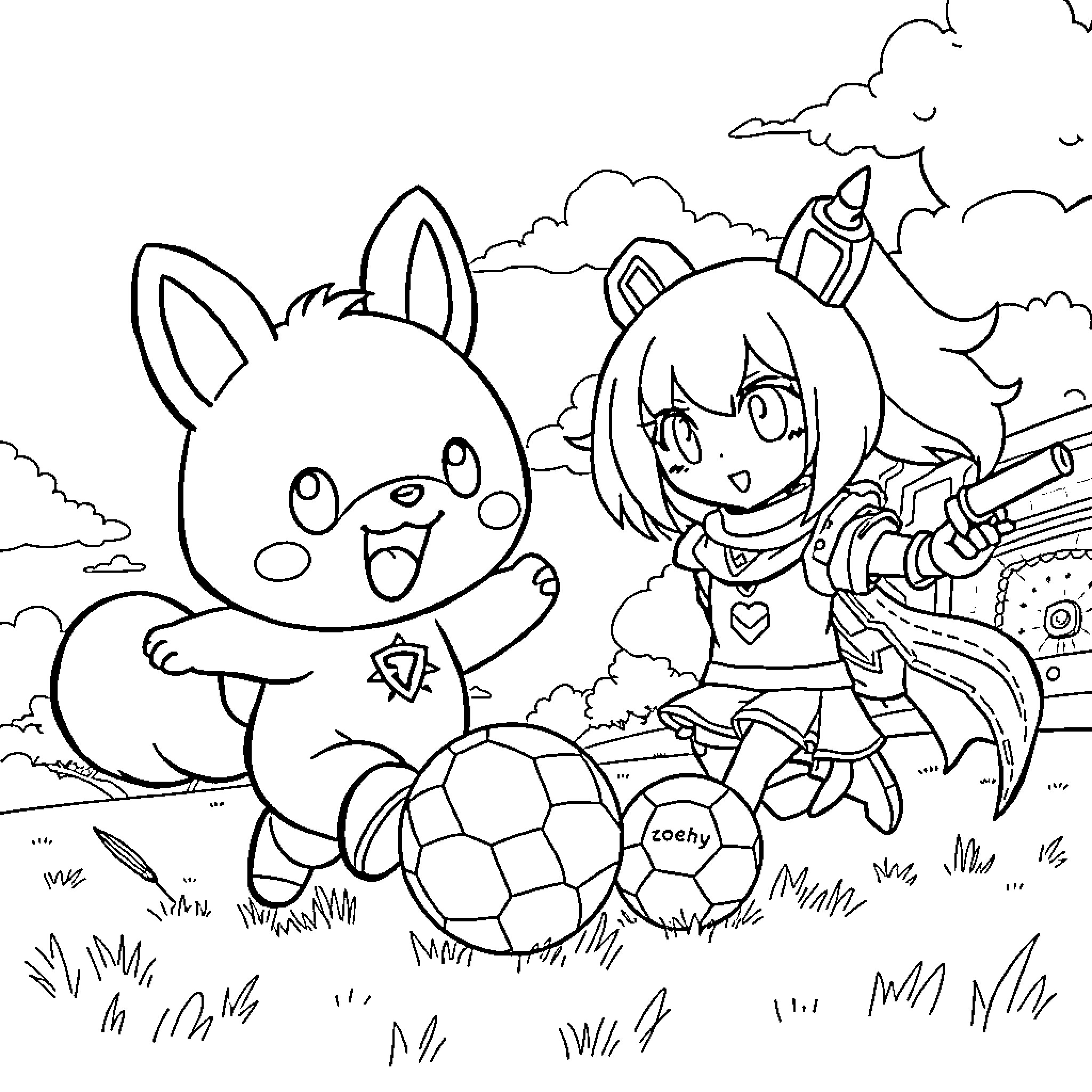 Cinnamoroll playing joyfully with a girl in the field Coloring Page (free black-and-white line drawing printable PDF for all, from beginners to advanced learners, including children, teens, adults, and seniors)