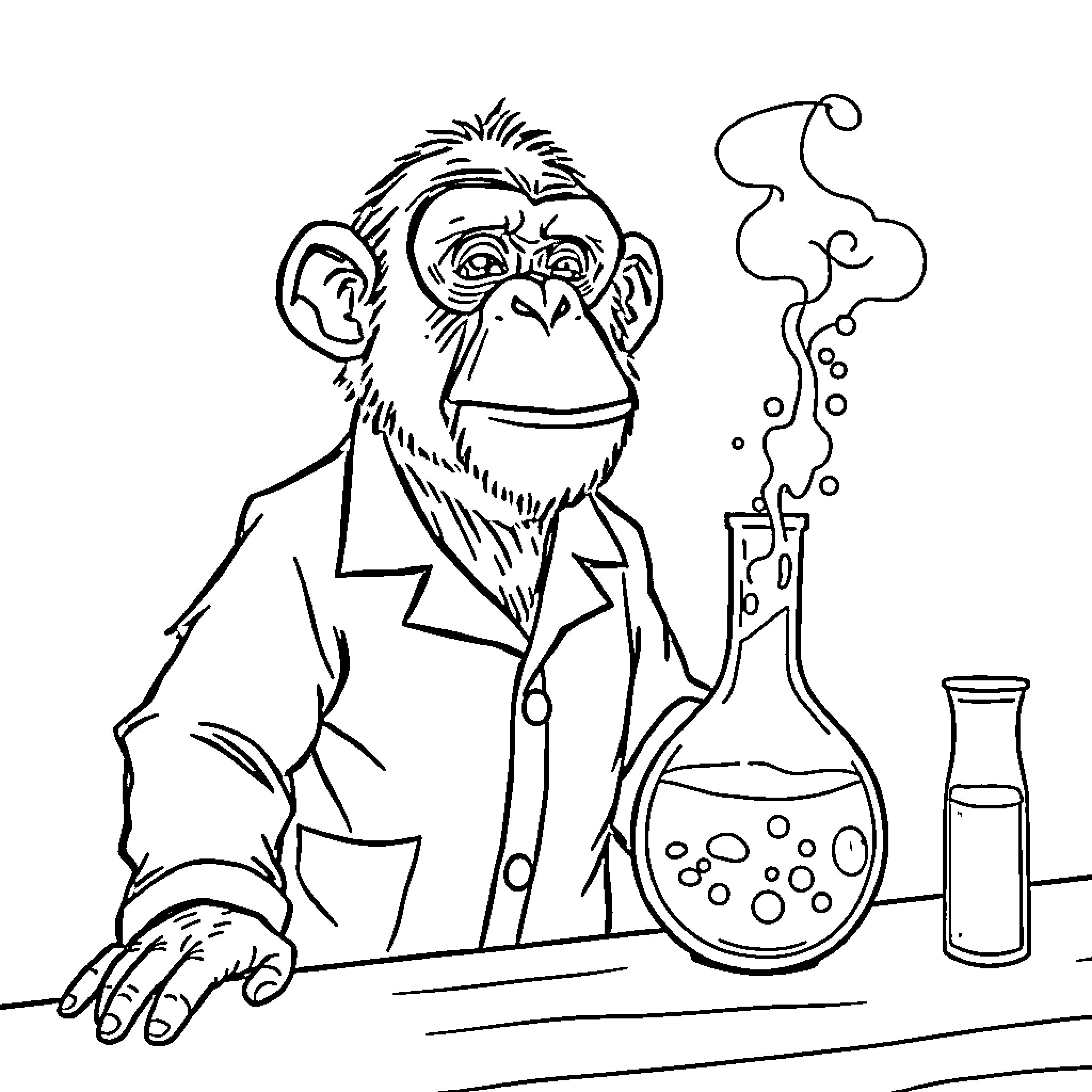 Chimpanzee scientist conducting experiment in laboratory Coloring Page (free black-and-white line drawing printable PDF for all, from beginners to advanced learners, including children, teens, adults, and seniors)