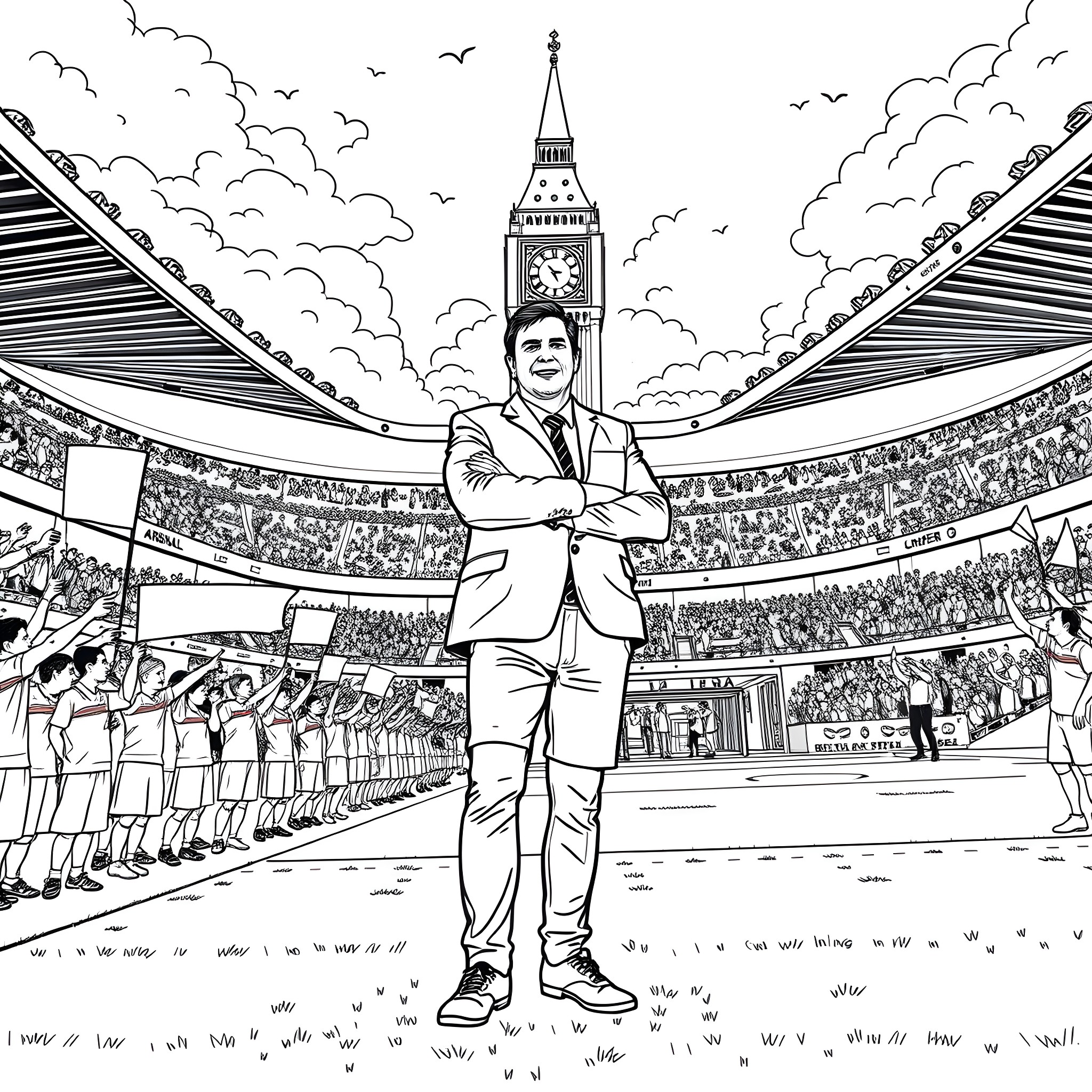 Ange Postecoglou Leads His Team on the World Stage Coloring Page (free black-and-white line drawing printable PDF for all, from beginners to advanced learners, including children, teens, adults, and seniors)