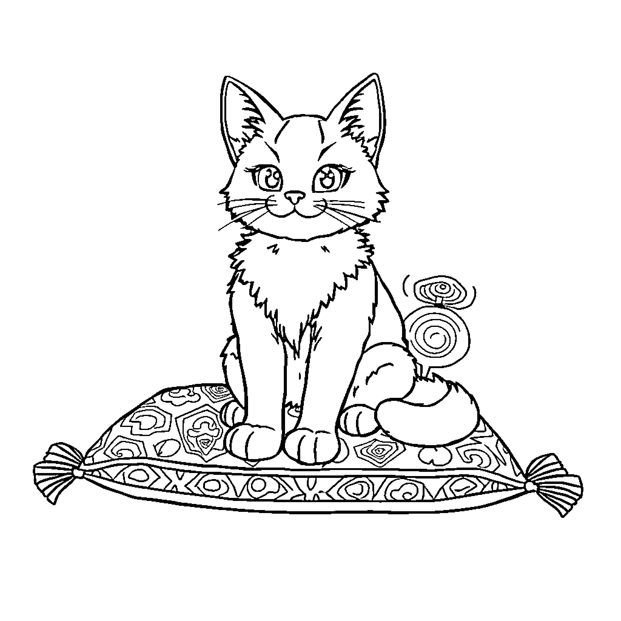 Kuromi relaxing on a patterned cushion Coloring Page (free black-and-white line drawing printable PDF for all, from beginners to advanced learners, including children, teens, adults, and seniors)