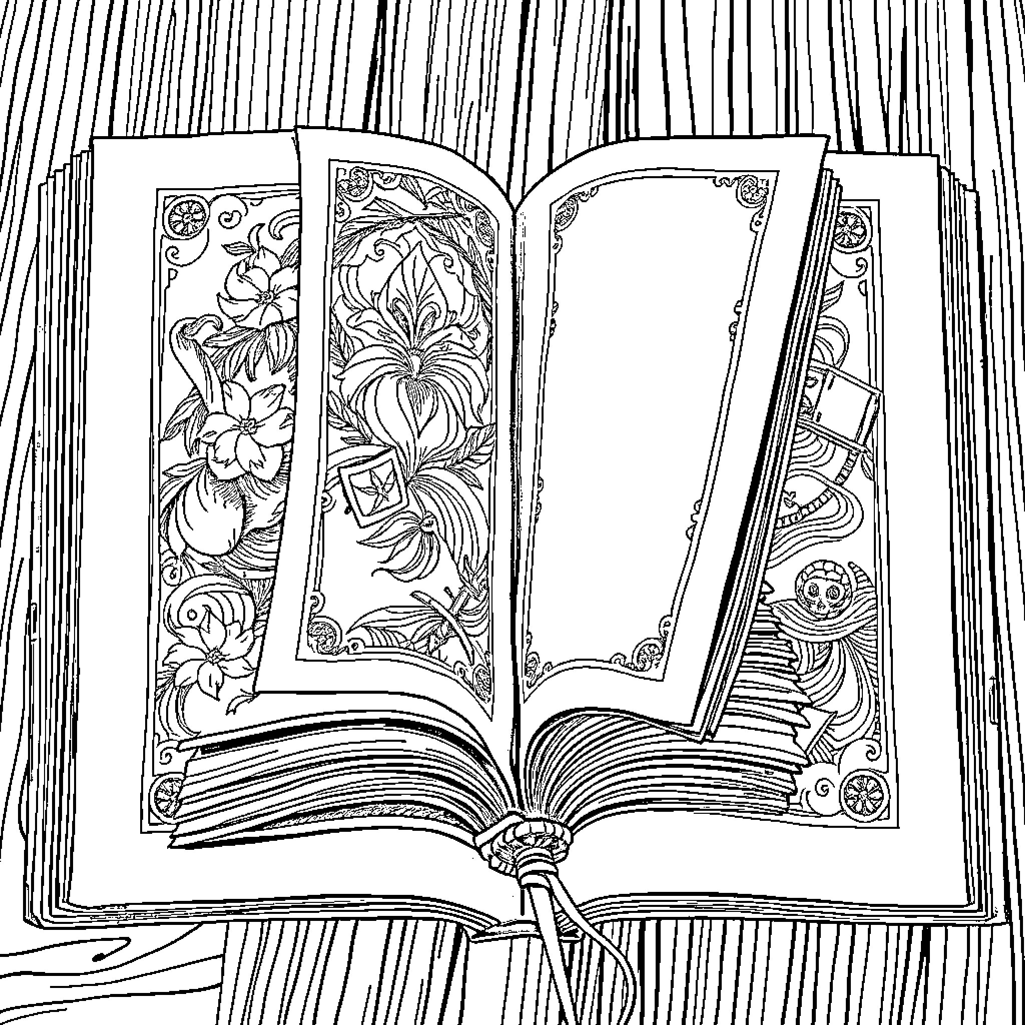 Bookmark - Ornate Floral Book Pages Coloring Page (free black-and-white line drawing printable PDF for all, from beginners to advanced learners, including children, teens, adults, and seniors)