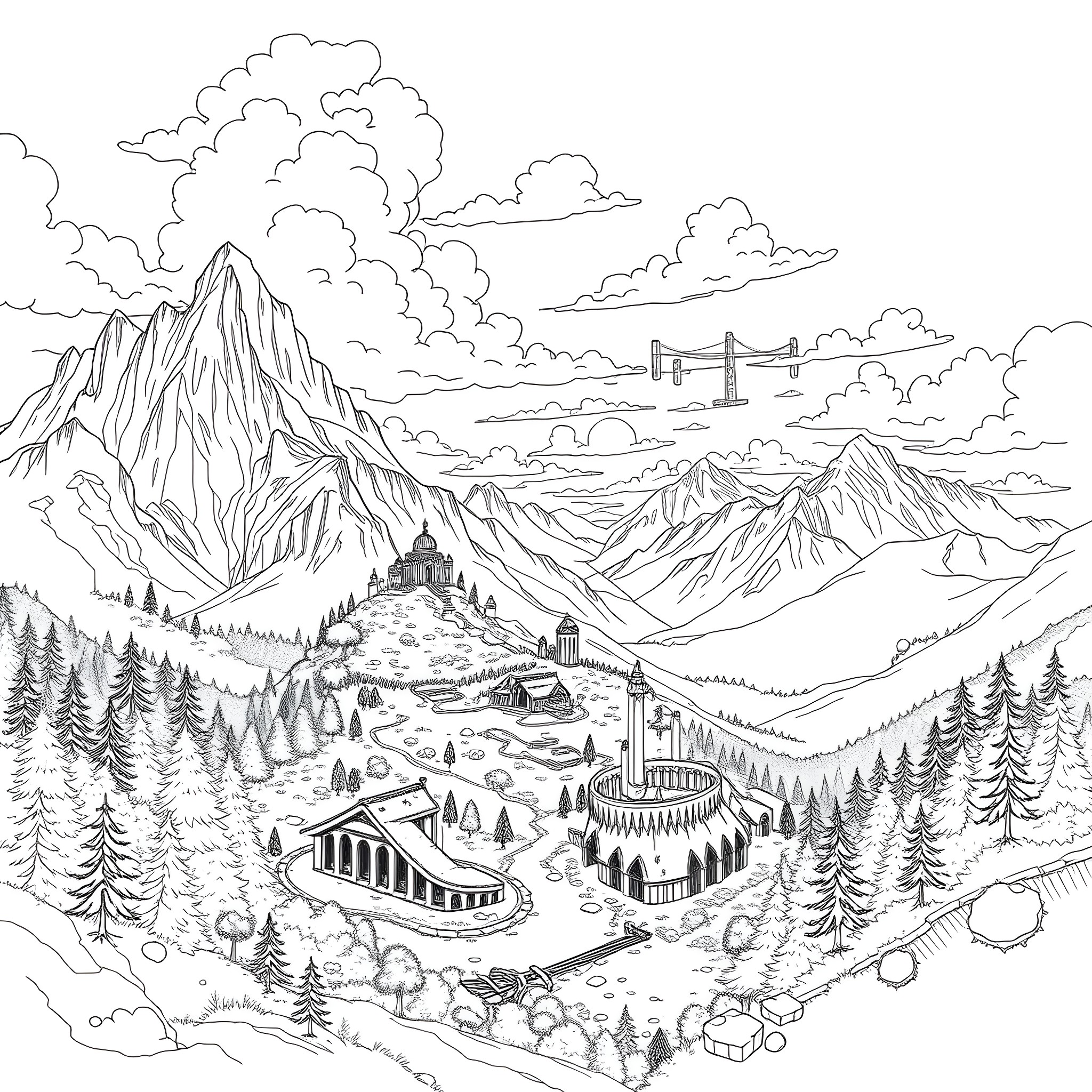 Legend of Zelda: Mountainous Fantasy Landscape Coloring Page (free black-and-white line drawing printable PDF for all, from beginners to advanced learners, including children, teens, adults, and seniors)