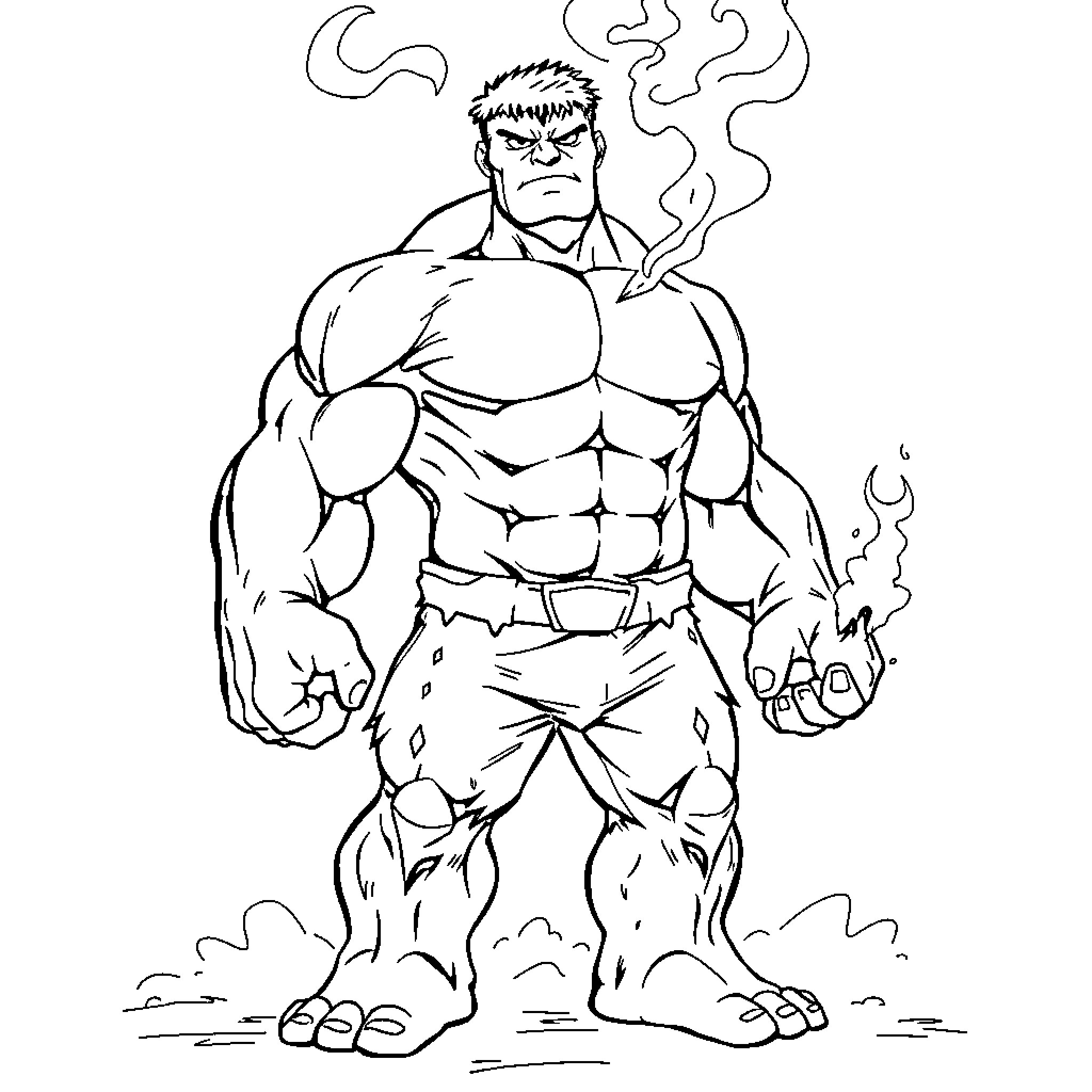 Hulk Unleashing His Immense Strength and Rage Coloring Page (free black-and-white line drawing printable PDF for all, from beginners to advanced learners, including children, teens, adults, and seniors)