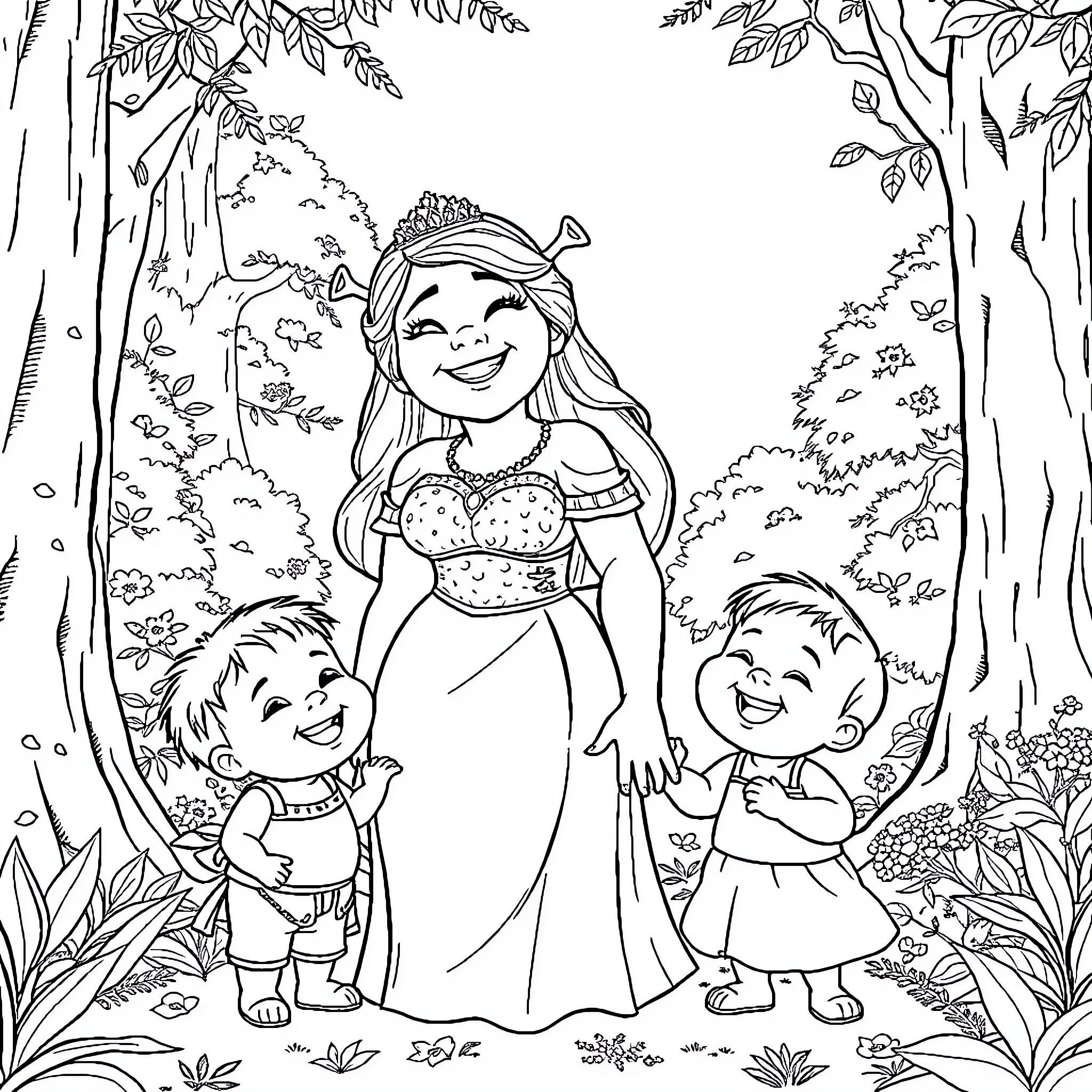 Fiona enjoying nature with her younger siblings Coloring Page (free black-and-white line drawing printable PDF for all, from beginners to advanced learners, including children, teens, adults, and seniors)
