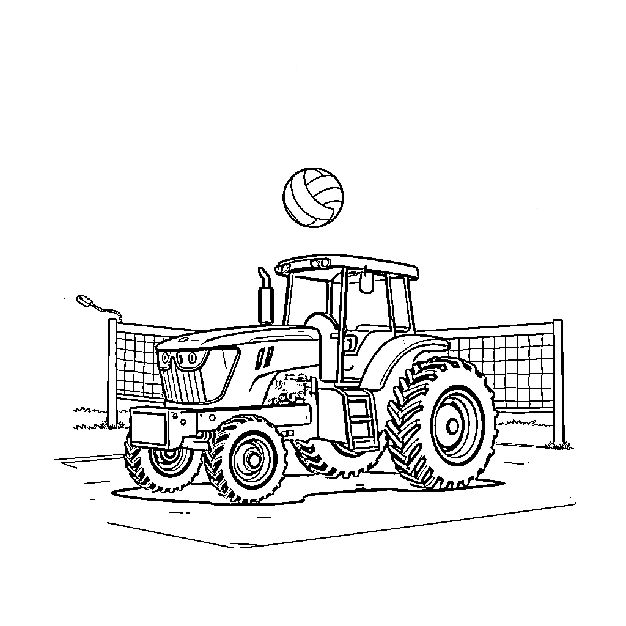 Tractor preparing for a volleyball match Coloring Page (free black-and-white line drawing printable PDF for all, from beginners to advanced learners, including children, teens, adults, and seniors)