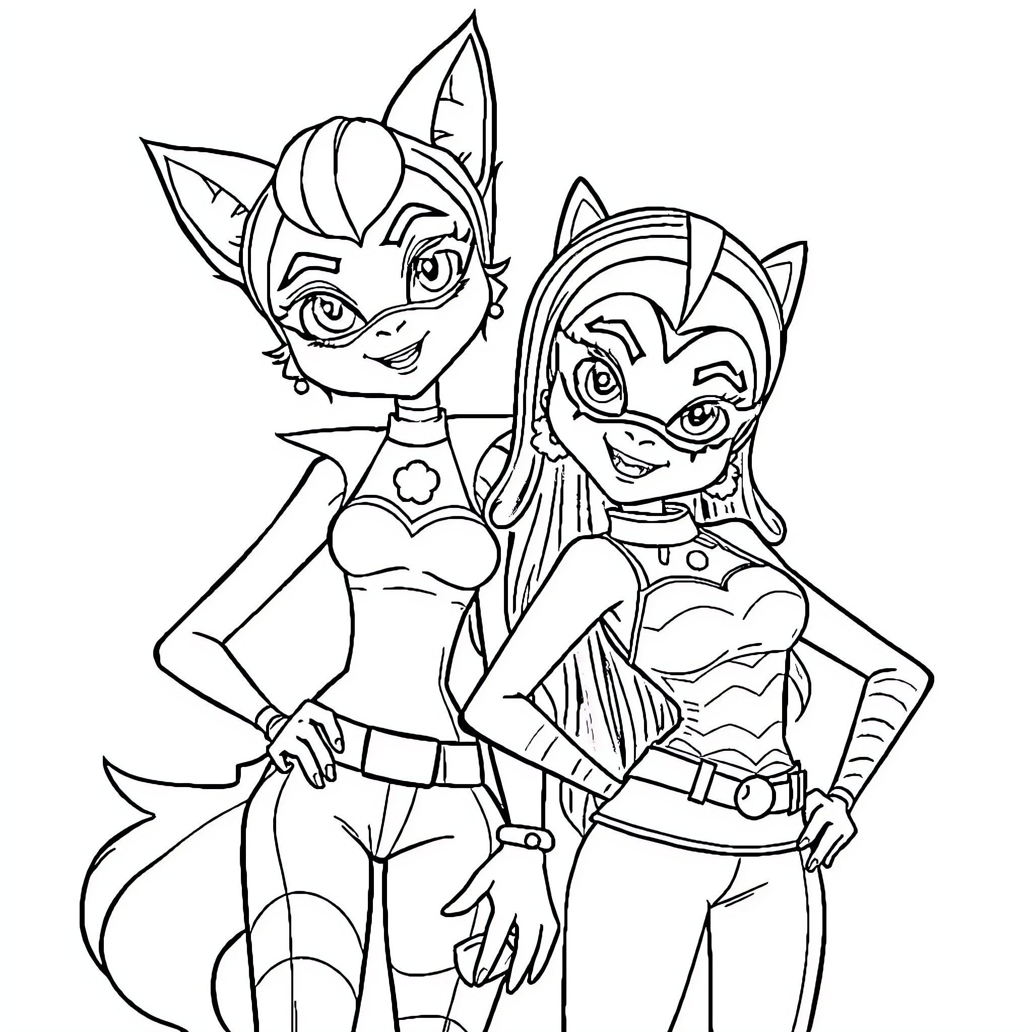 Clawdeen Wolf and friend posing confidently Coloring Page (free black-and-white line drawing printable PDF for all, from beginners to advanced learners, including children, teens, adults, and seniors)