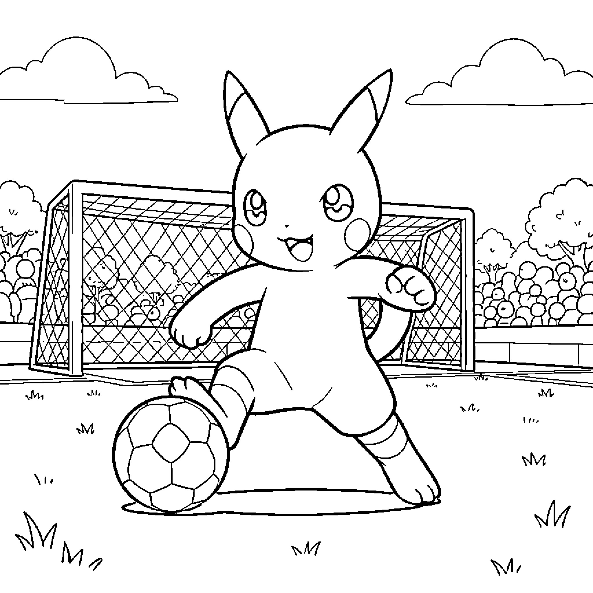 Pokémon Pikachu playing soccer in a field Coloring Page (free black-and-white line drawing printable PDF for all, from beginners to advanced learners, including children, teens, adults, and seniors)