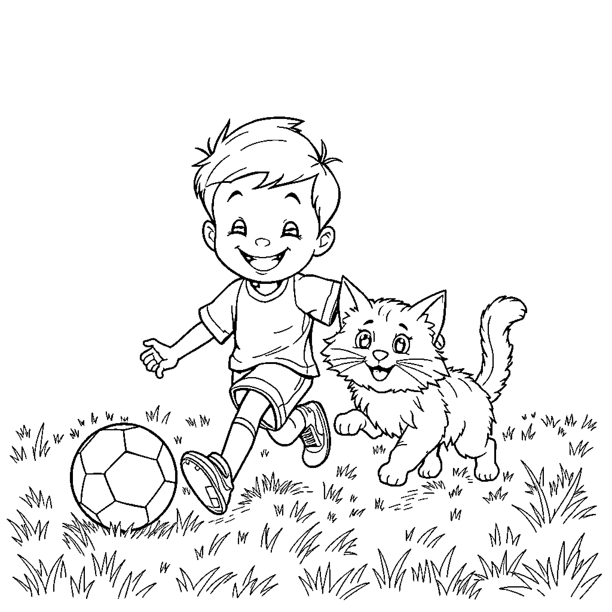 Boy playing happily with his pet cat in the park Coloring Page (free black-and-white line drawing printable PDF for all, from beginners to advanced learners, including children, teens, adults, and seniors)