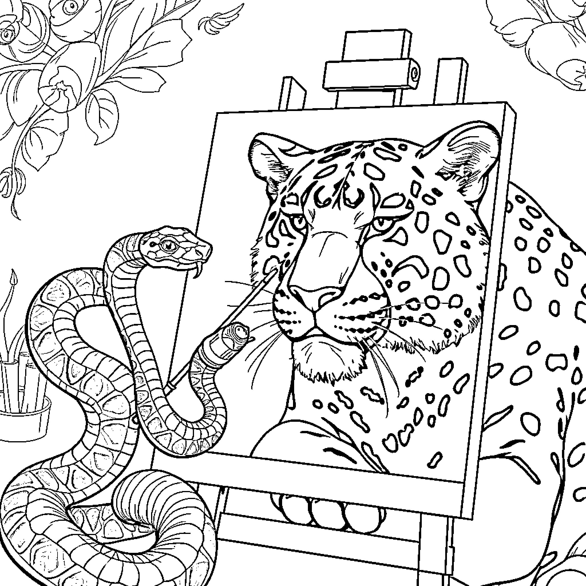 Snake and Leopard Painting Nature Scene Coloring Page (free black-and-white line drawing printable PDF for all, from beginners to advanced learners, including children, teens, adults, and seniors)