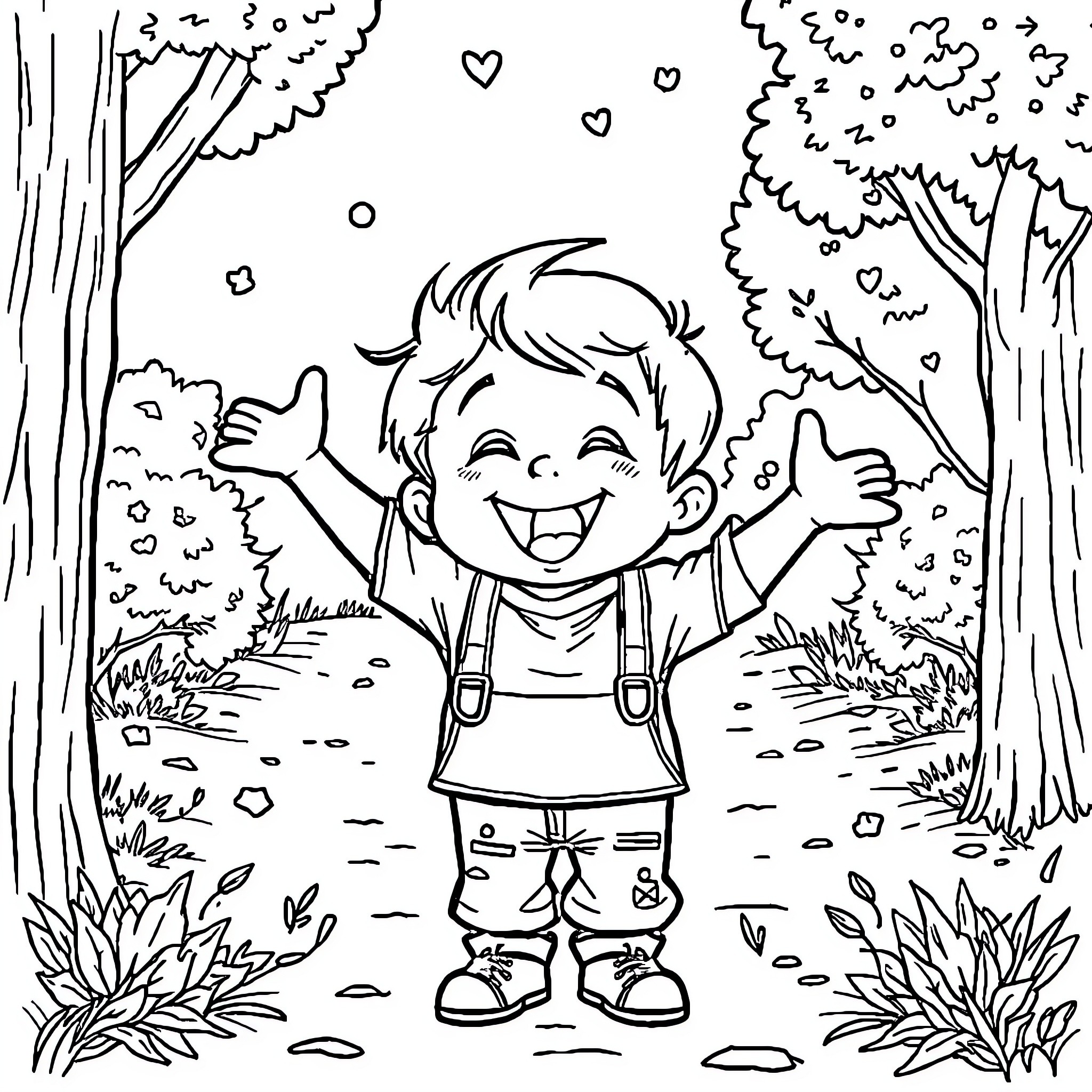 Petit Garçon Joyeux dans la Nature Coloring Page (free black-and-white line drawing printable PDF for all, from beginners to advanced learners, including children, teens, adults, and seniors)