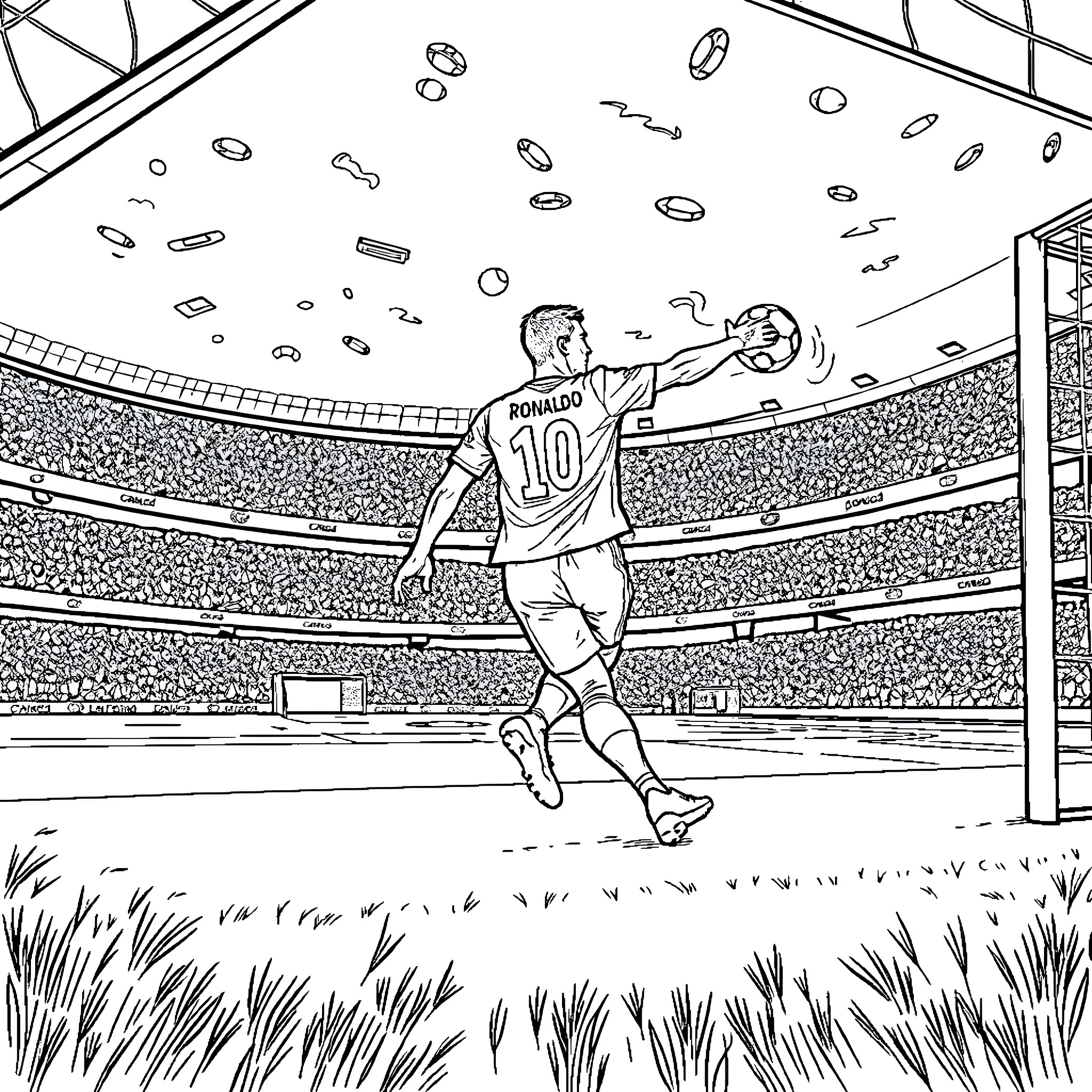 Ronaldo's Celebratory Moment on the Pitch Coloring Page (free black-and-white line drawing printable PDF for all, from beginners to advanced learners, including children, teens, adults, and seniors)
