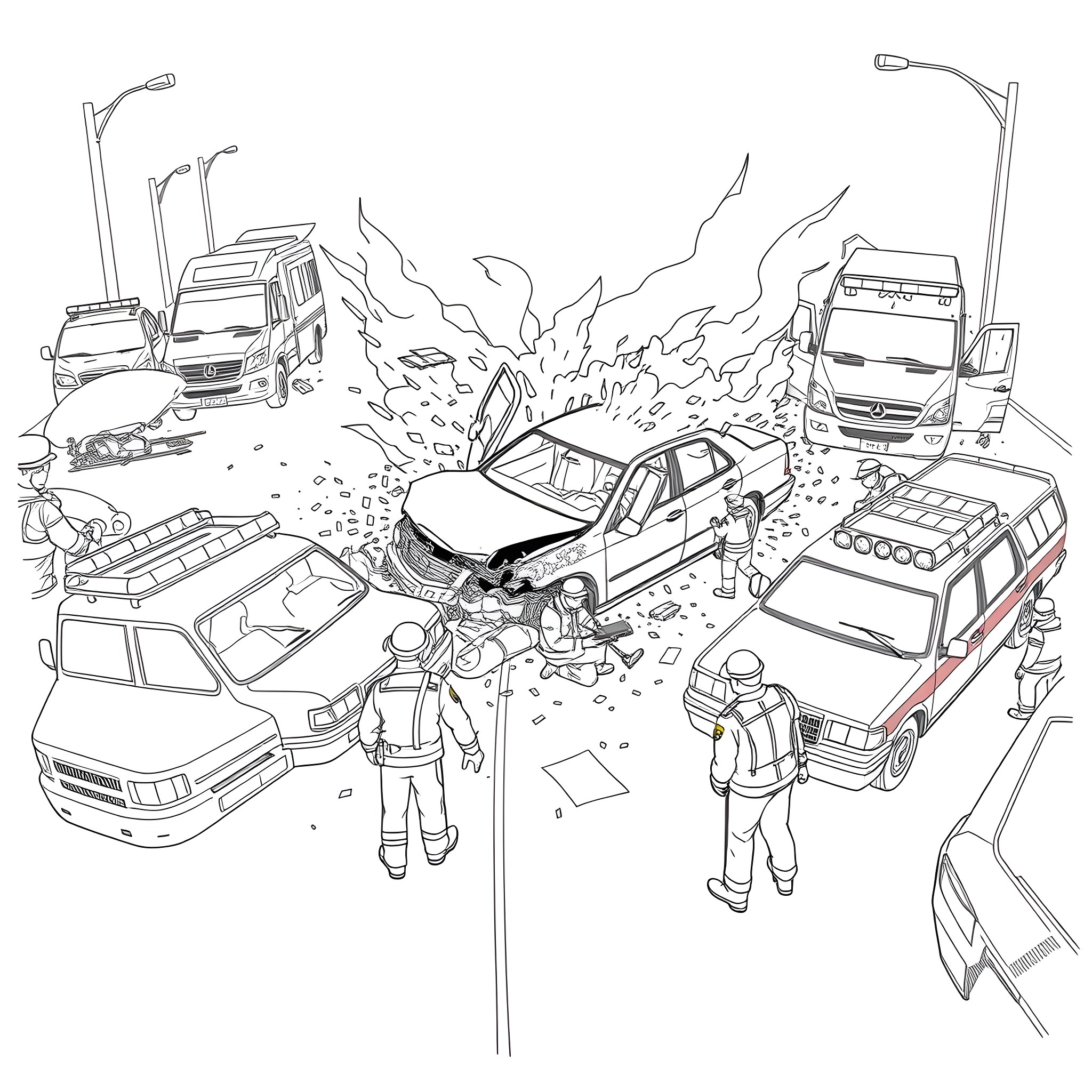 Car Crash Scene with Emergency Responders Coloring Page (free black-and-white line drawing printable PDF for all, from beginners to advanced learners, including children, teens, adults, and seniors)