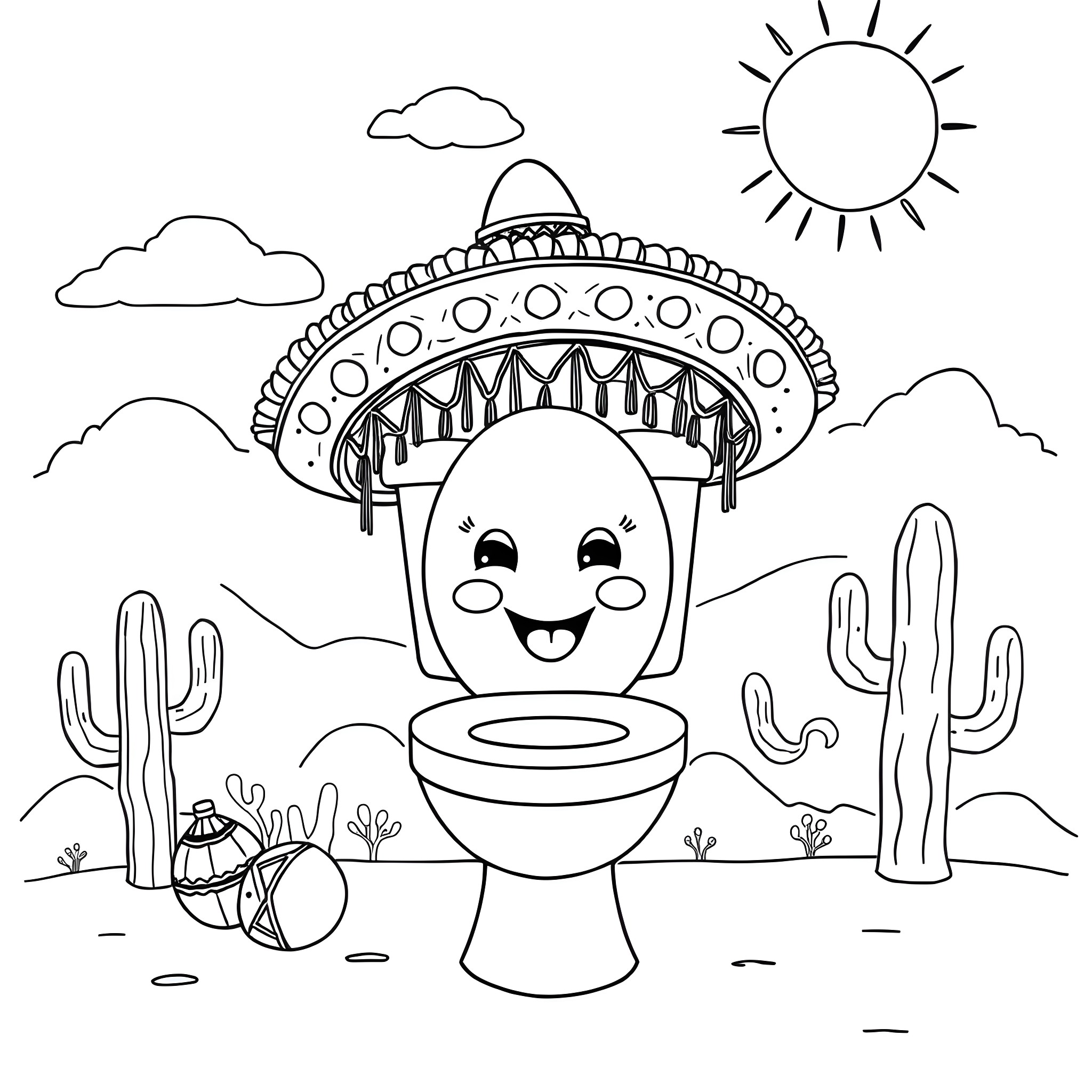 Skibidi Toilet Sombrero Silliness in Desert Coloring Page (free black-and-white line drawing printable PDF for all, from beginners to advanced learners, including children, teens, adults, and seniors)