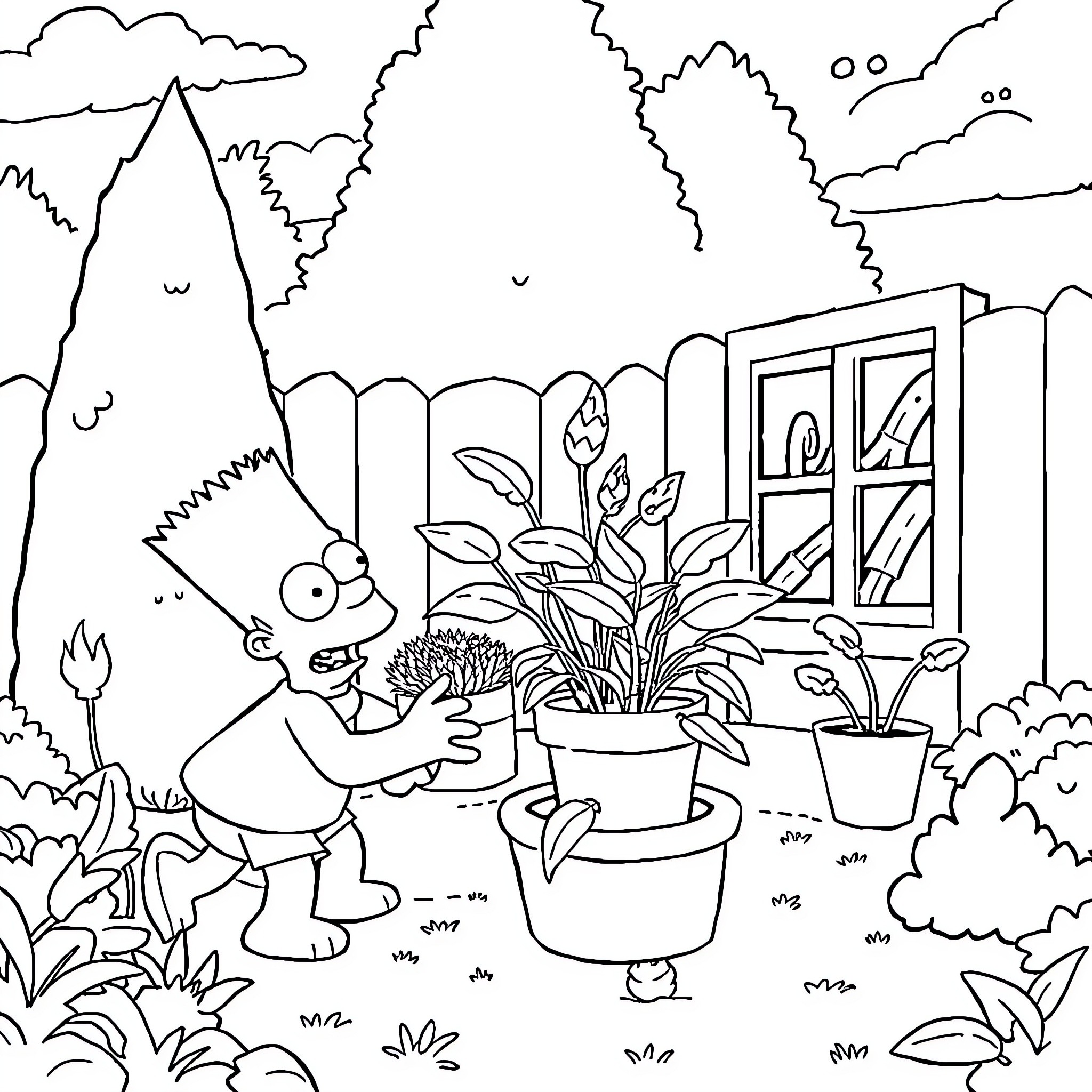Bart gardening in the backyard Coloring Page (free black-and-white line drawing printable PDF for all, from beginners to advanced learners, including children, teens, adults, and seniors)