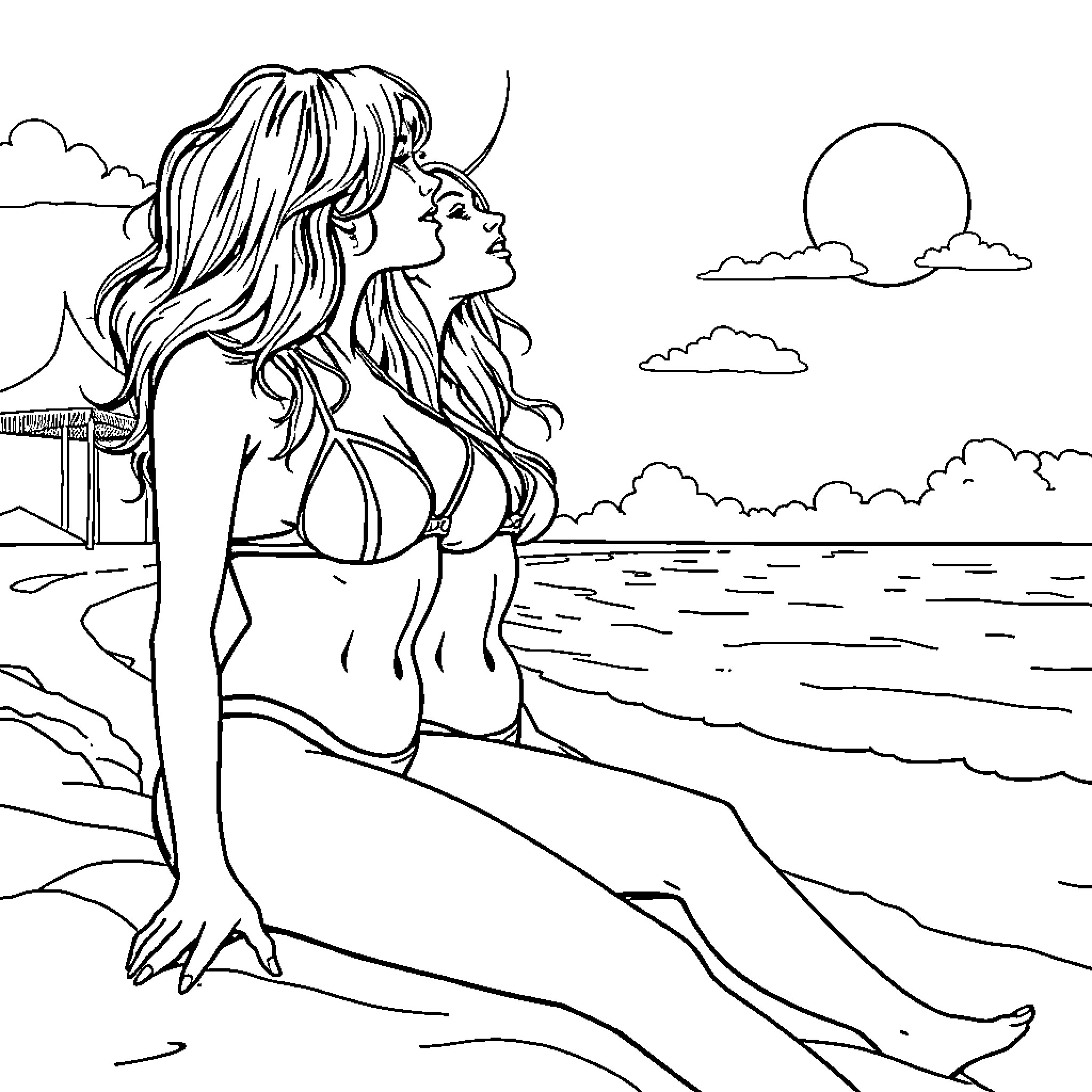 Bikini-clad women relaxing on the beach Coloring Page (free black-and-white line drawing printable PDF for all, from beginners to advanced learners, including children, teens, adults, and seniors)