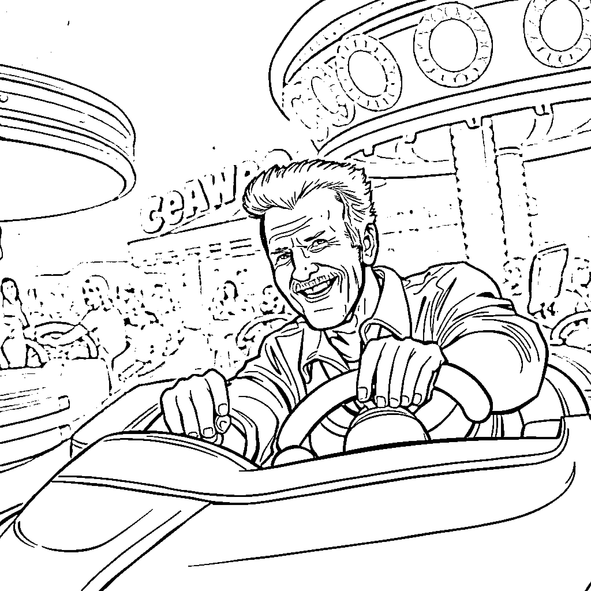 Clint Eastwood riding thrilling roller coaster at carnival Coloring Page (free black-and-white line drawing printable PDF for all, from beginners to advanced learners, including children, teens, adults, and seniors)