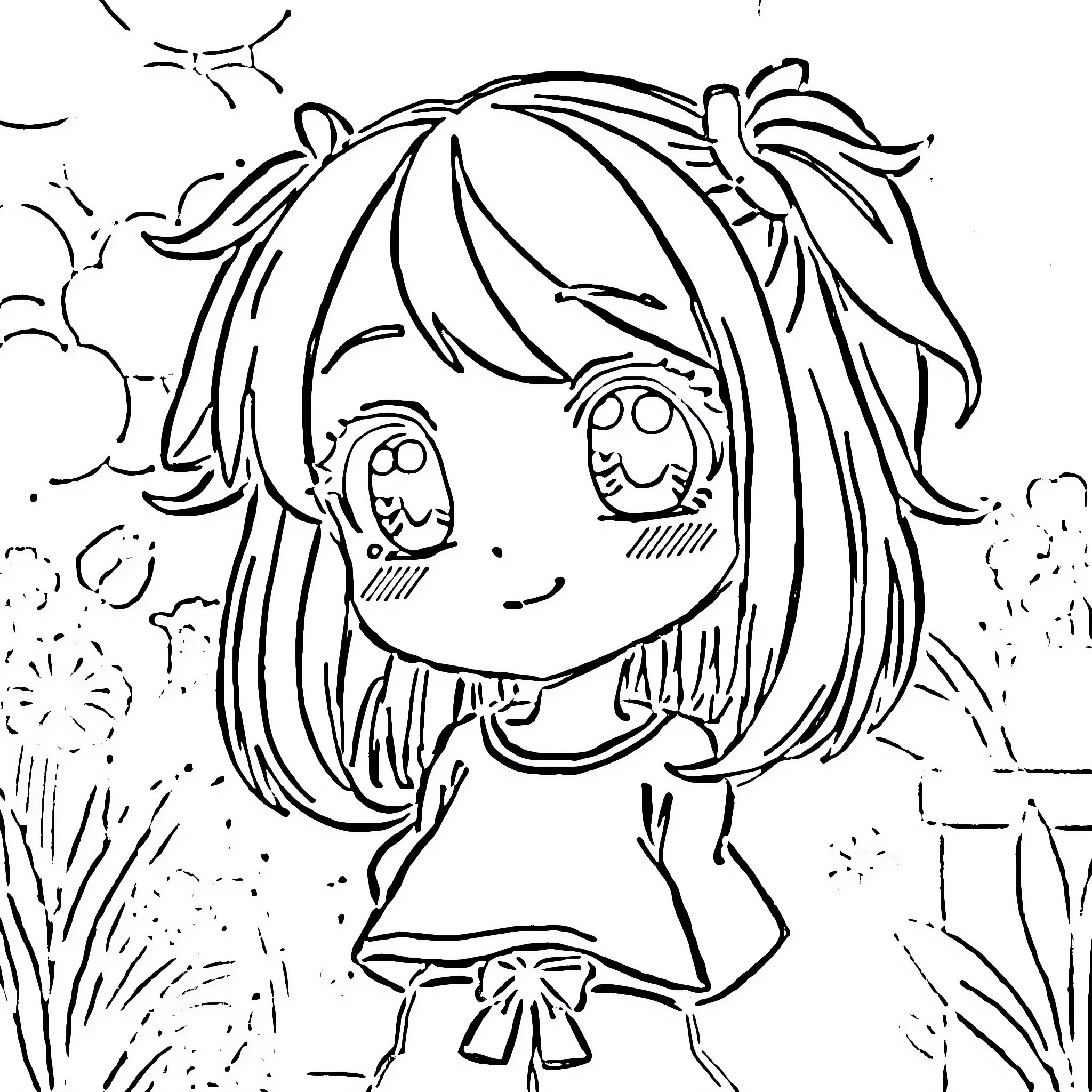 Anime Girl with Excited Expression in Scenic Setting Coloring Page (free black-and-white line drawing printable PDF for all, from beginners to advanced learners, including children, teens, adults, and seniors)
