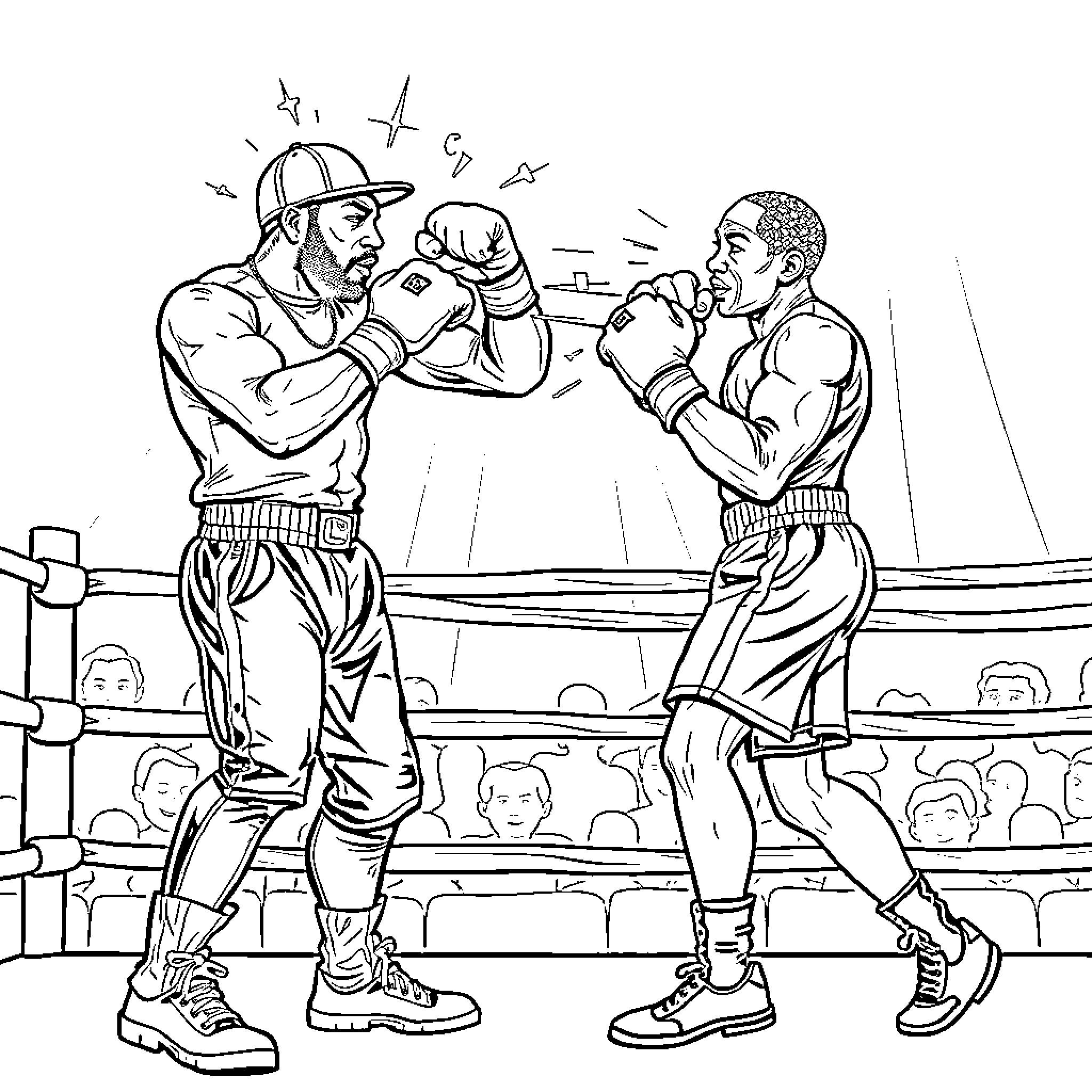 Rapper Boxers Competing in the Ring Coloring Page (free black-and-white line drawing printable PDF for all, from beginners to advanced learners, including children, teens, adults, and seniors)