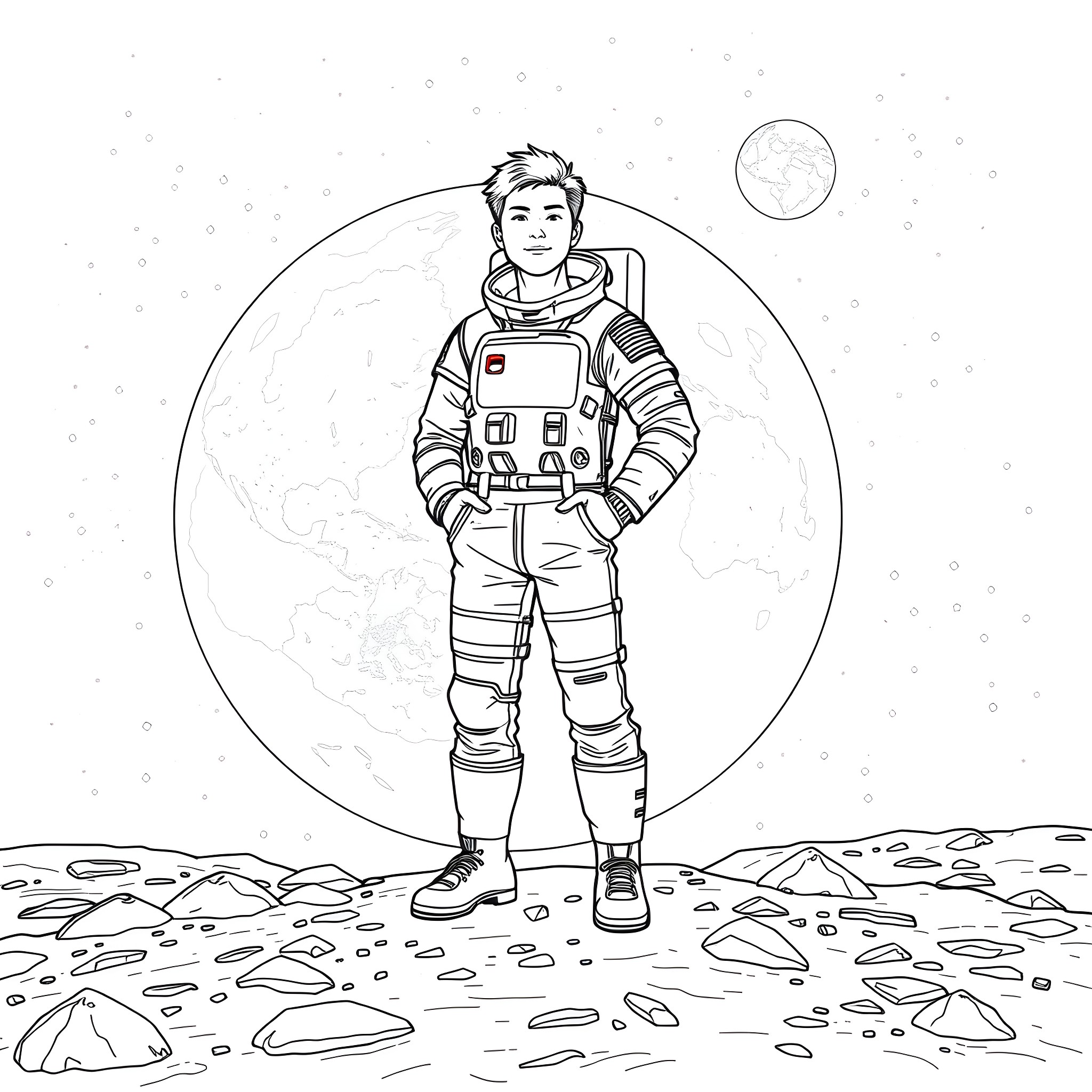 Shohei Ohtani in Astronaut Spacesuit on the Moon Coloring Page (free black-and-white line drawing printable PDF for all, from beginners to advanced learners, including children, teens, adults, and seniors)