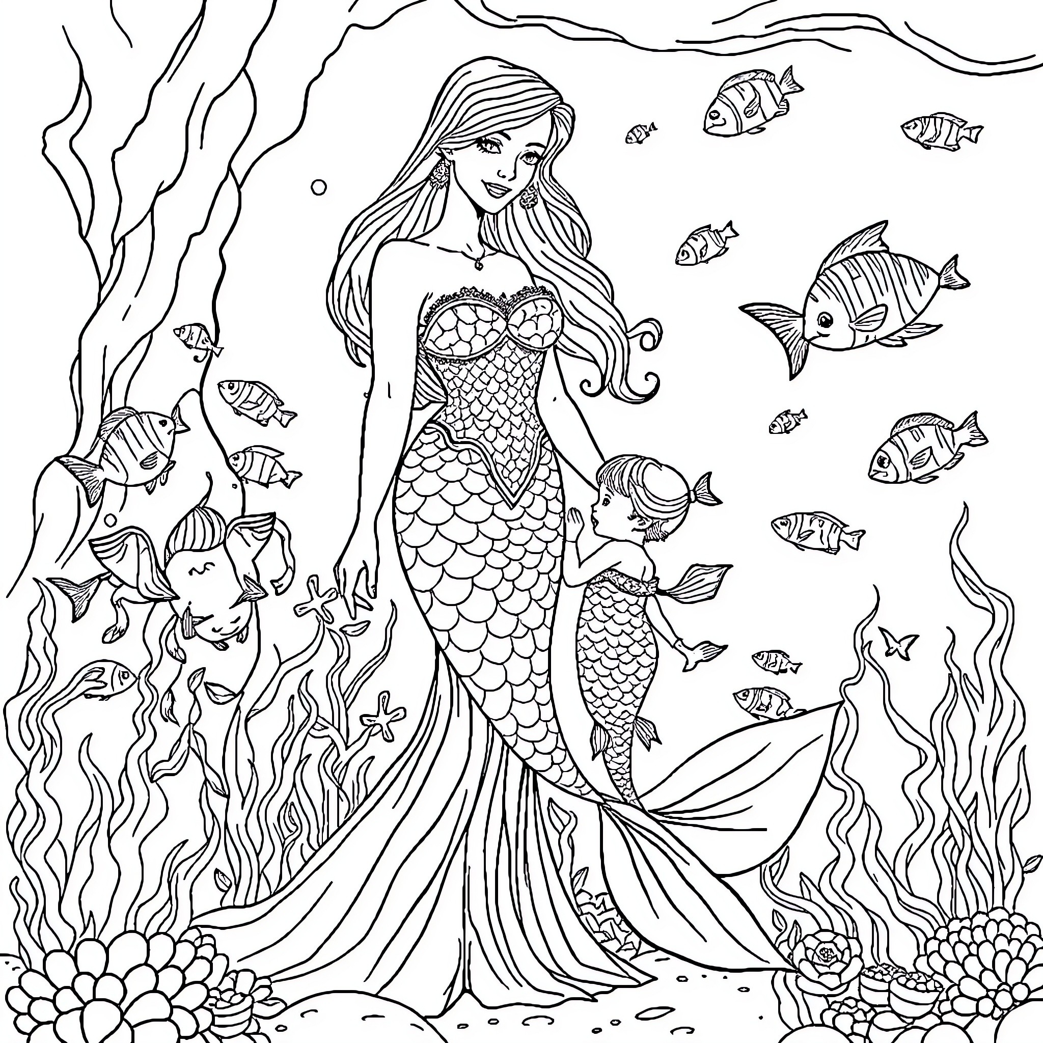 Lady Mermaid Surrounded by Underwater Flora and Fauna Coloring Page (free black-and-white line drawing printable PDF for all, from beginners to advanced learners, including children, teens, adults, and seniors)