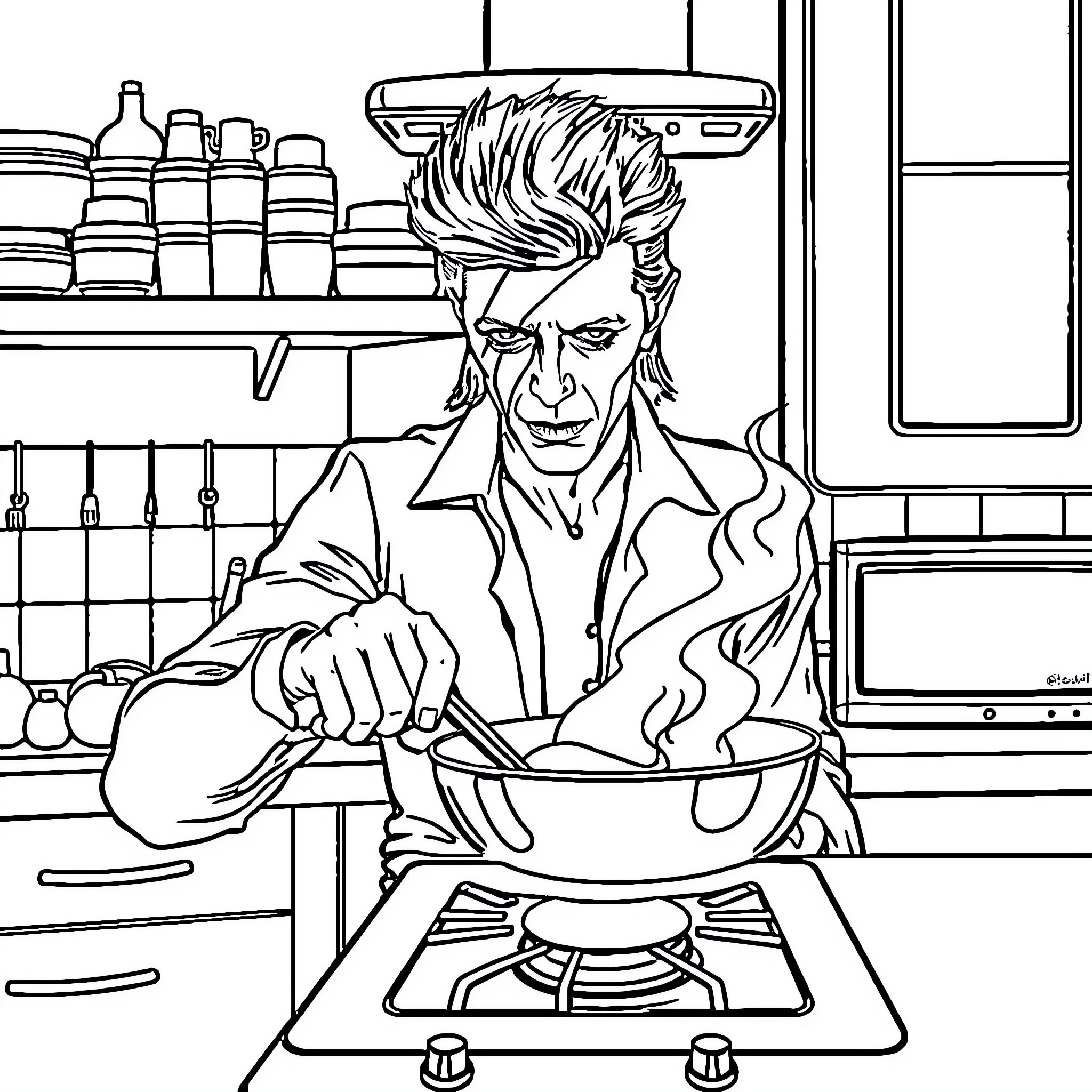 David Bowie cooking in the kitchen Coloring Page (free black-and-white line drawing printable PDF for all, from beginners to advanced learners, including children, teens, adults, and seniors)