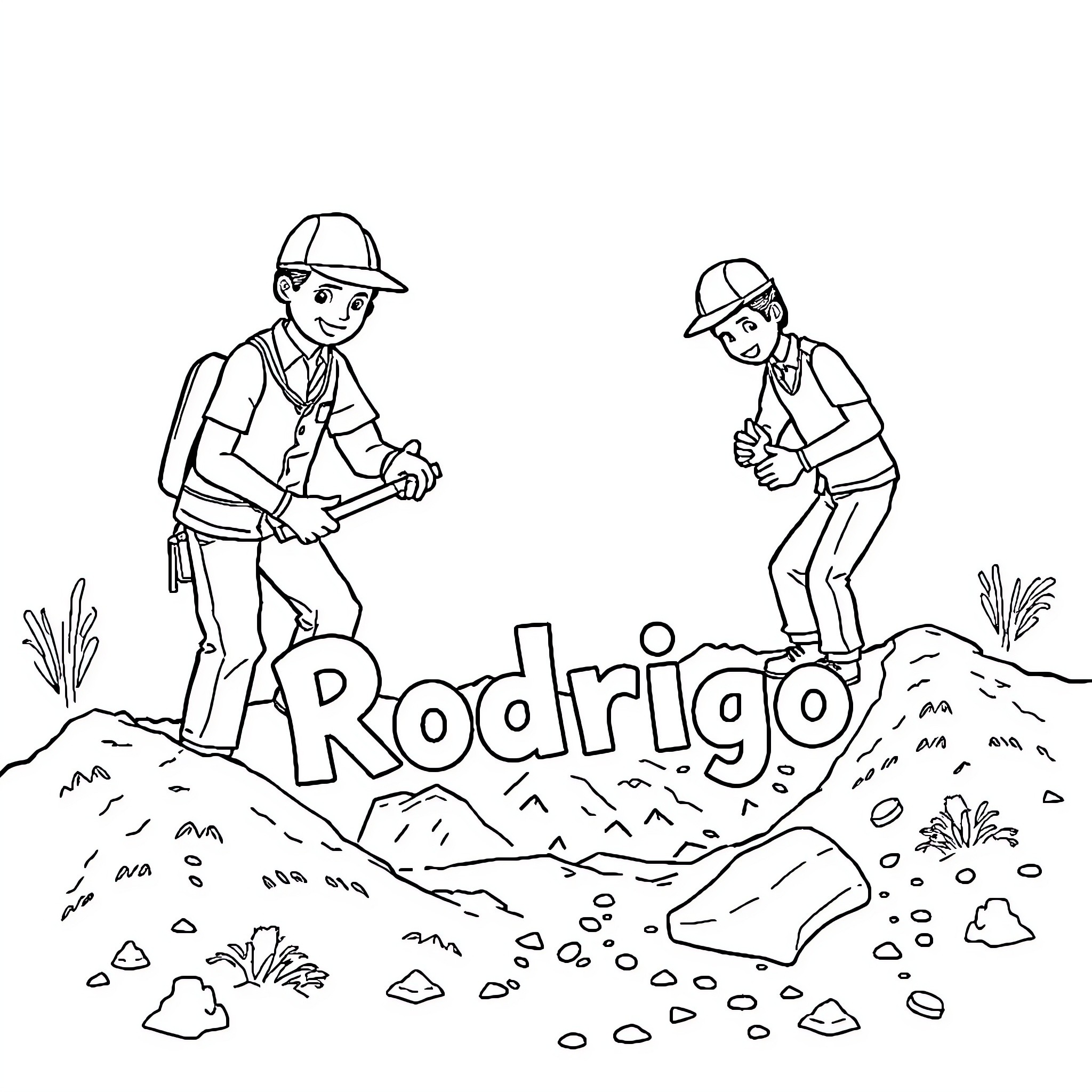 Excavators digging and working on a construction site Coloring Page (free black-and-white line drawing printable PDF for all, from beginners to advanced learners, including children, teens, adults, and seniors)