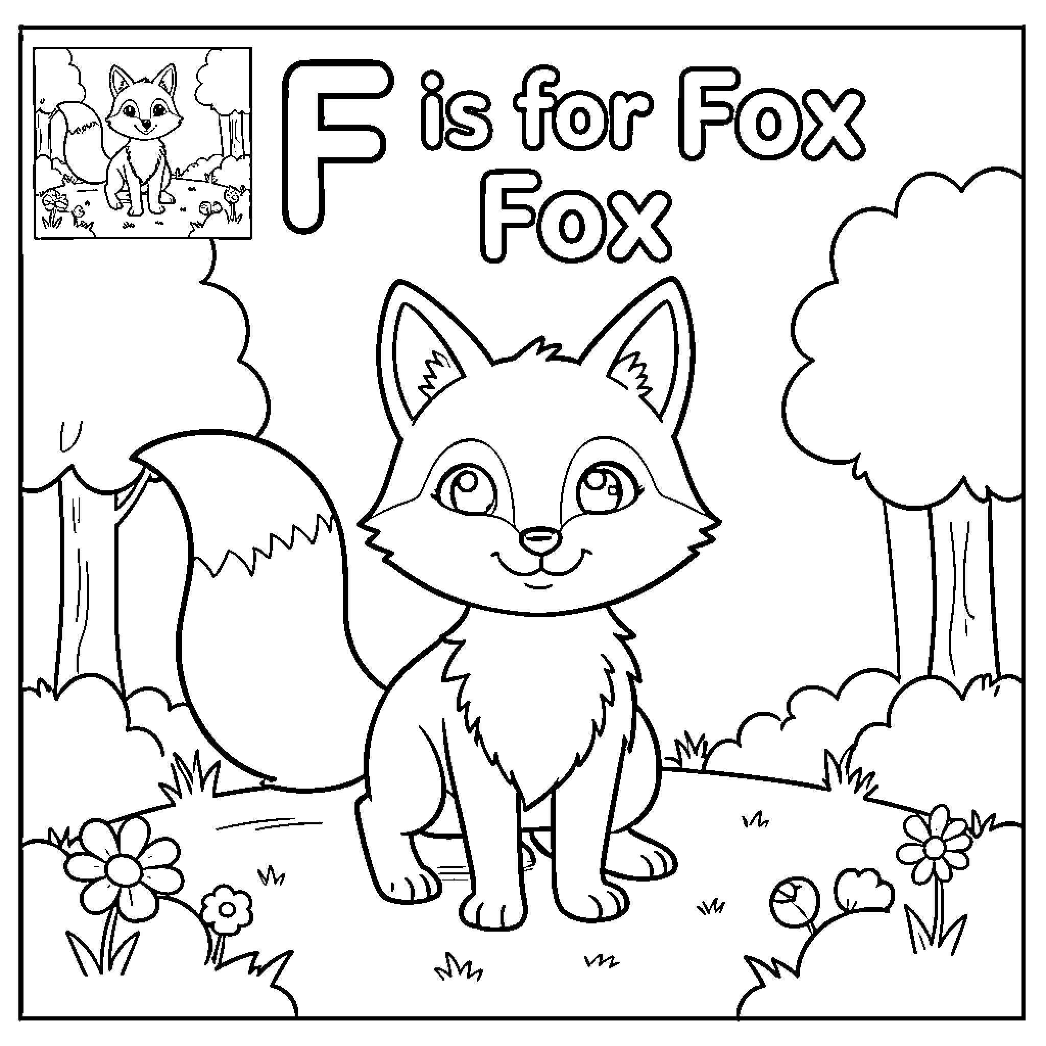 Fox sitting peacefully in a meadow with trees Coloring Page (free black-and-white line drawing printable PDF for all, from beginners to advanced learners, including children, teens, adults, and seniors)