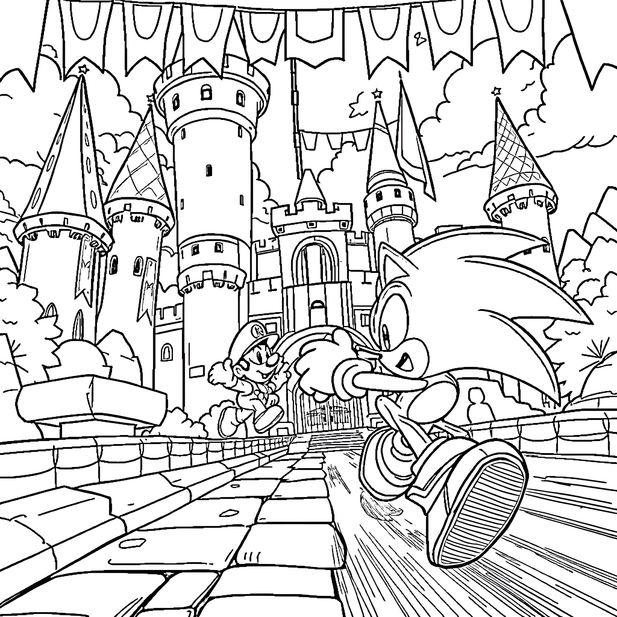 Sonic's Adventure in a Magical Castle Coloring Page (free black-and-white line drawing printable PDF for all, from beginners to advanced learners, including children, teens, adults, and seniors)