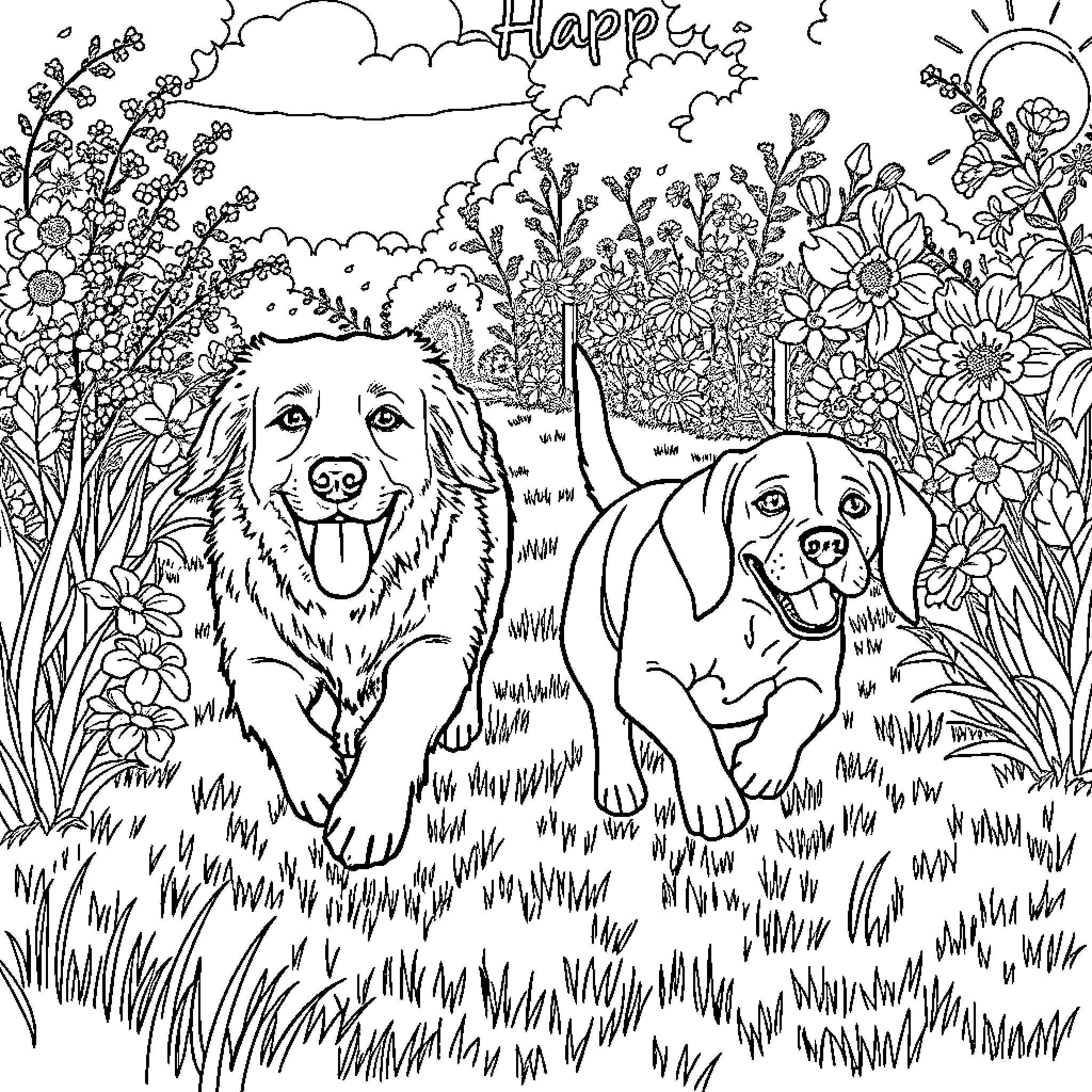 Dogs enjoying a sunny field with flowers Coloring Page (free black-and-white line drawing printable PDF for all, from beginners to advanced learners, including children, teens, adults, and seniors)